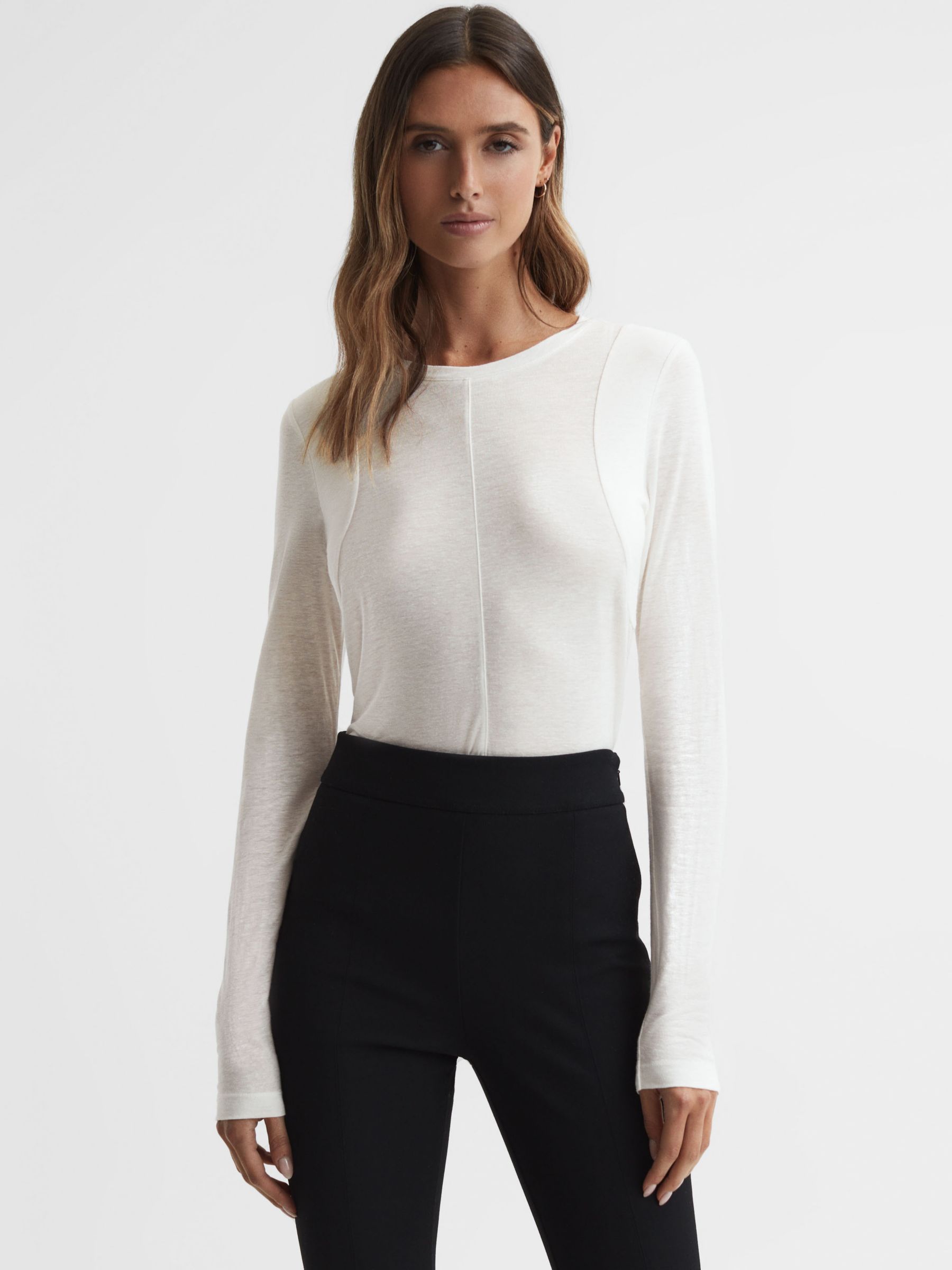 Reiss Mai Long Sleeve Stitch Detail Top, Ivory at John Lewis & Partners
