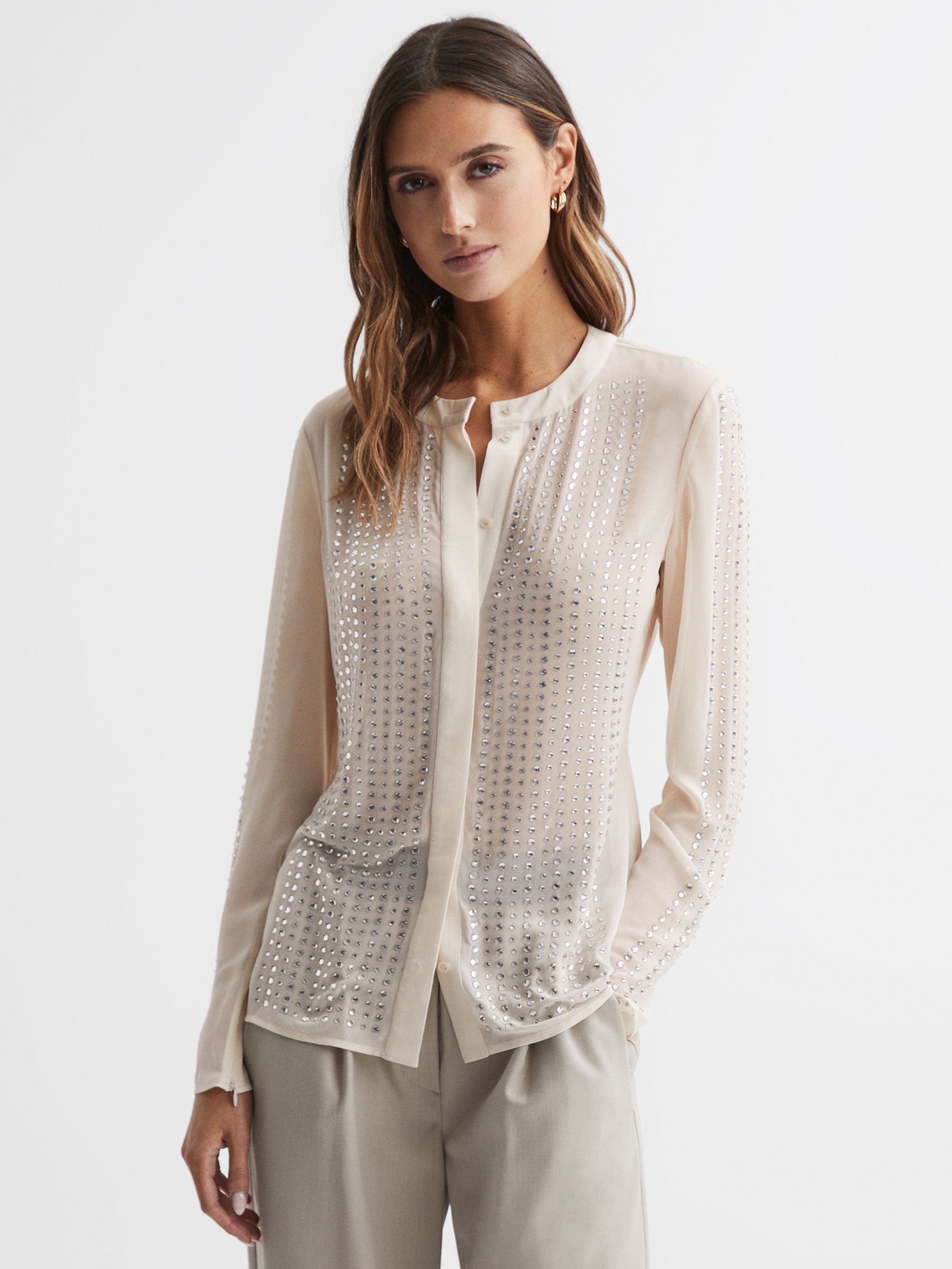 Reiss Robyn Fitted Embellished Shirt, Cream at John Lewis & Partners