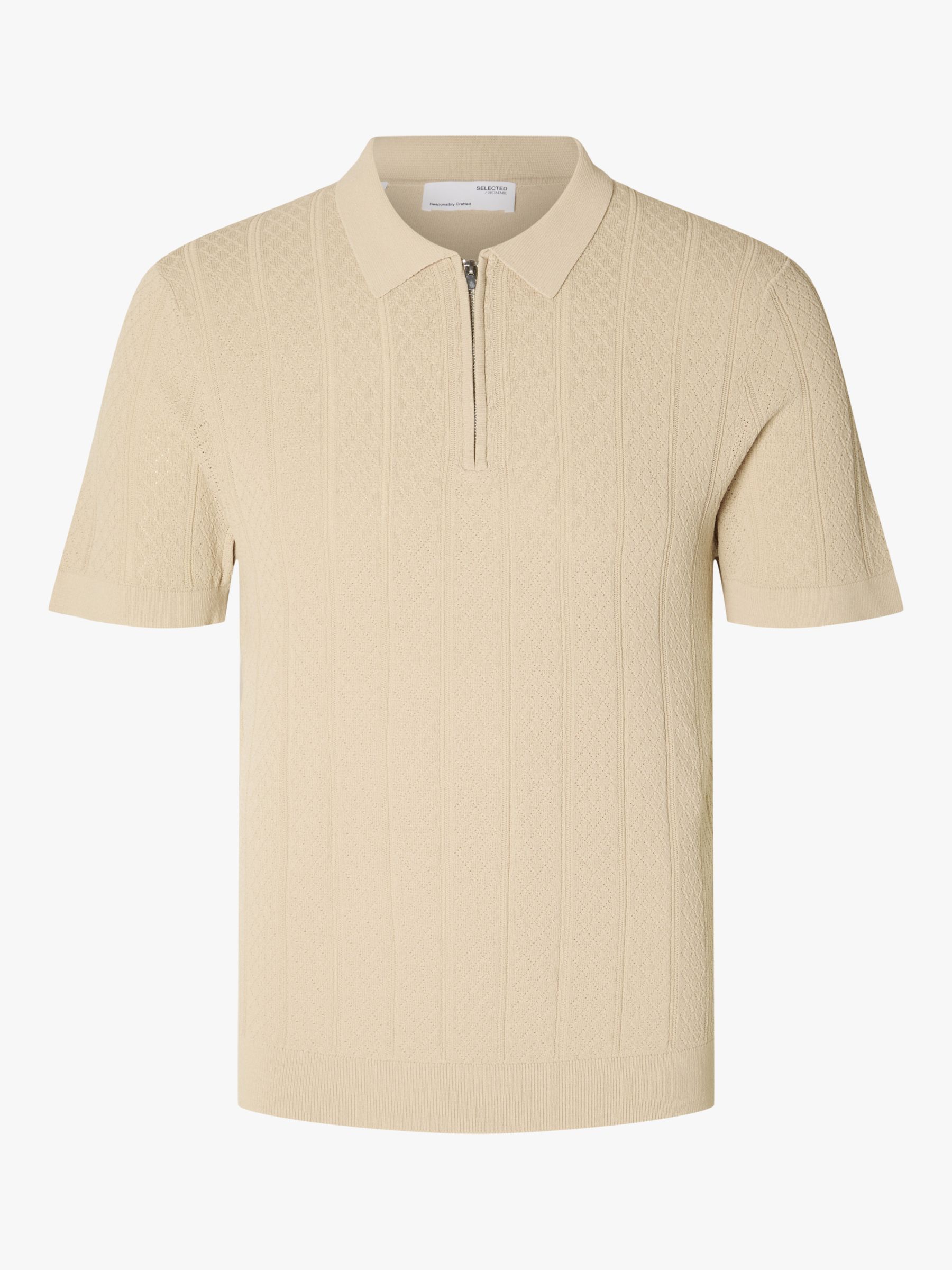 SELECTED HOMME Short Sleeve Knitted Polo Top, Oatmeal at John Lewis ...