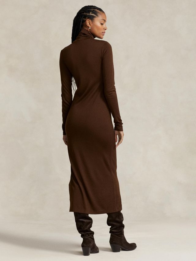 Polo Ralph Lauren Wool Blend Turtle Neck Midi Dress, Dark Brown, XS