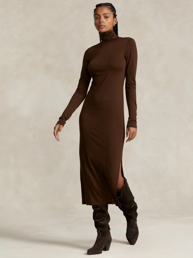 Polo Ralph Lauren Wool Blend Turtle Neck Midi Dress, Dark Brown, XS