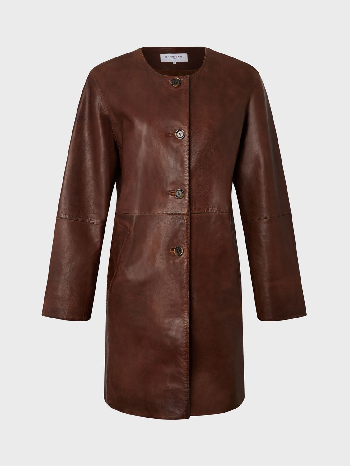 Gerard Darel Nalinha Plain Leather Coat, Brown at John Lewis & Partners