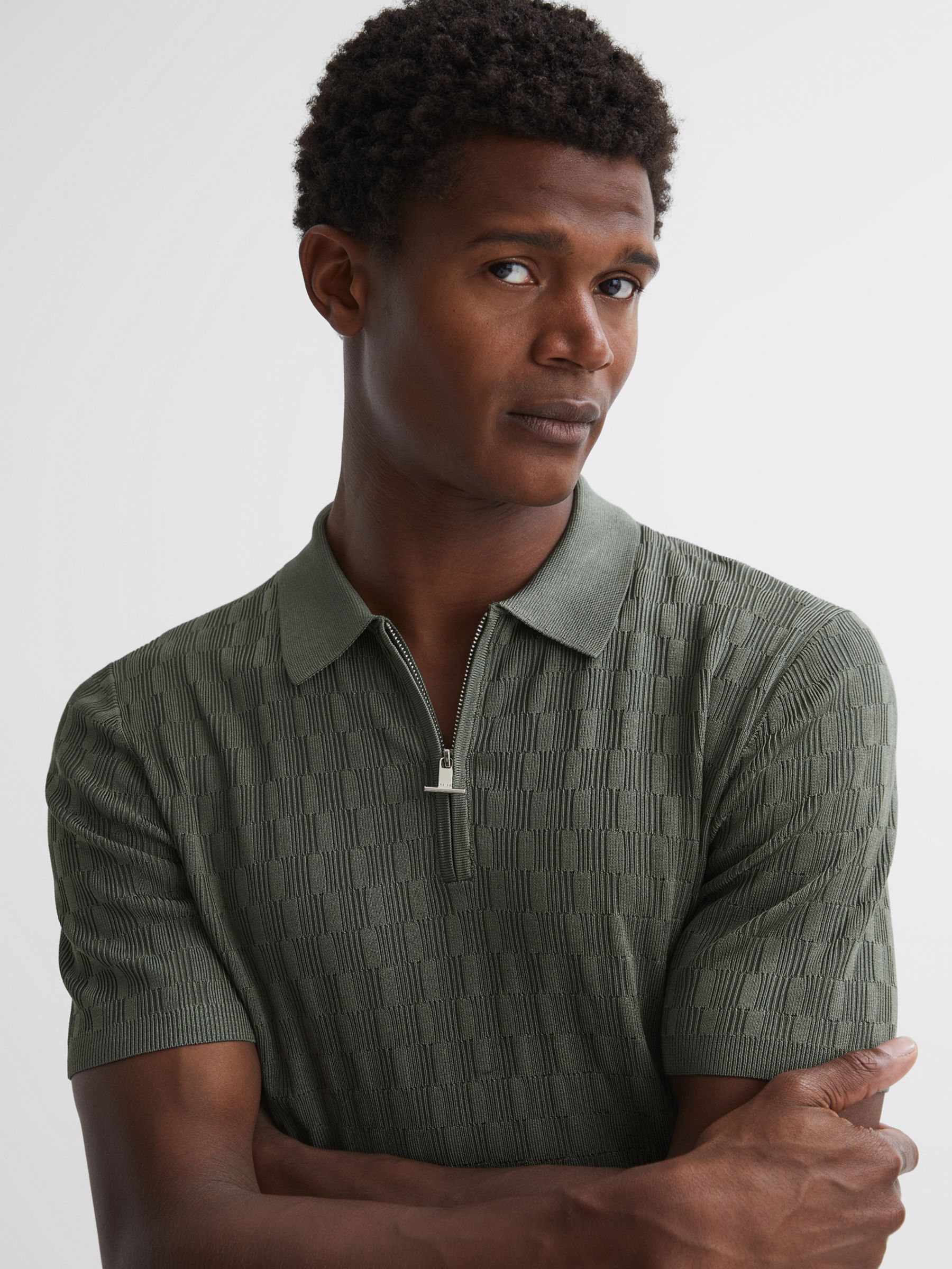 Reiss Textured Half Zip Polo Shirt, Sage Green