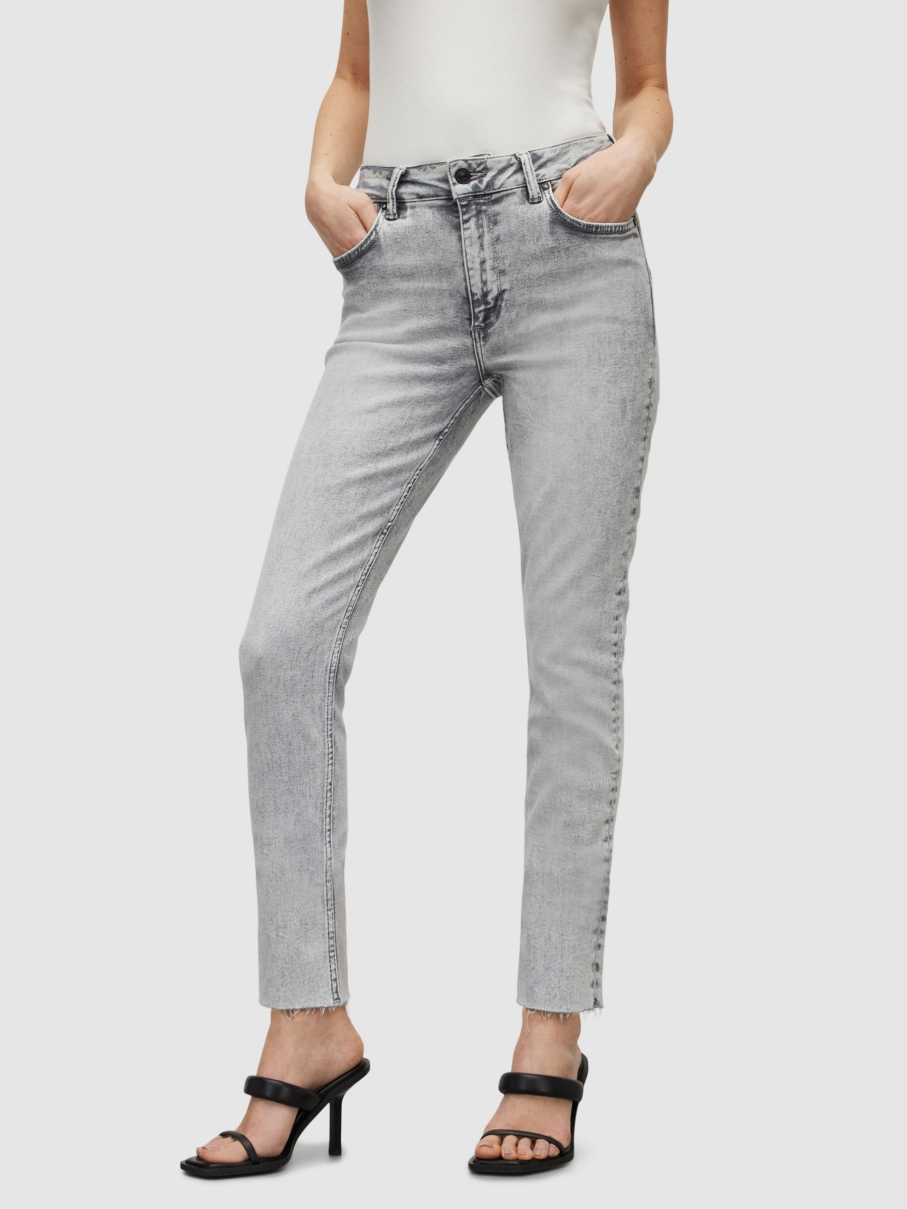 Allsaints Grey Denim Jacket And Women's Skinny Jeans Outfit - Your