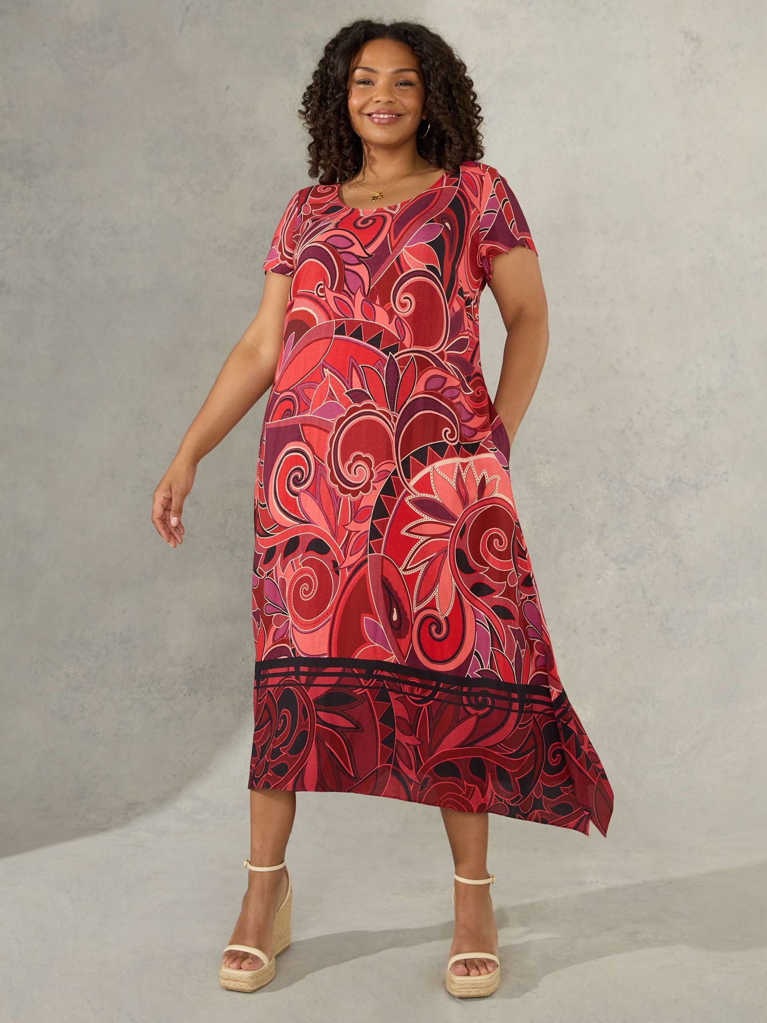 Buy Live Unlimited Curve Paisley Border Print Cap Sleeve Midi Dress, Red Online at johnlewis.com