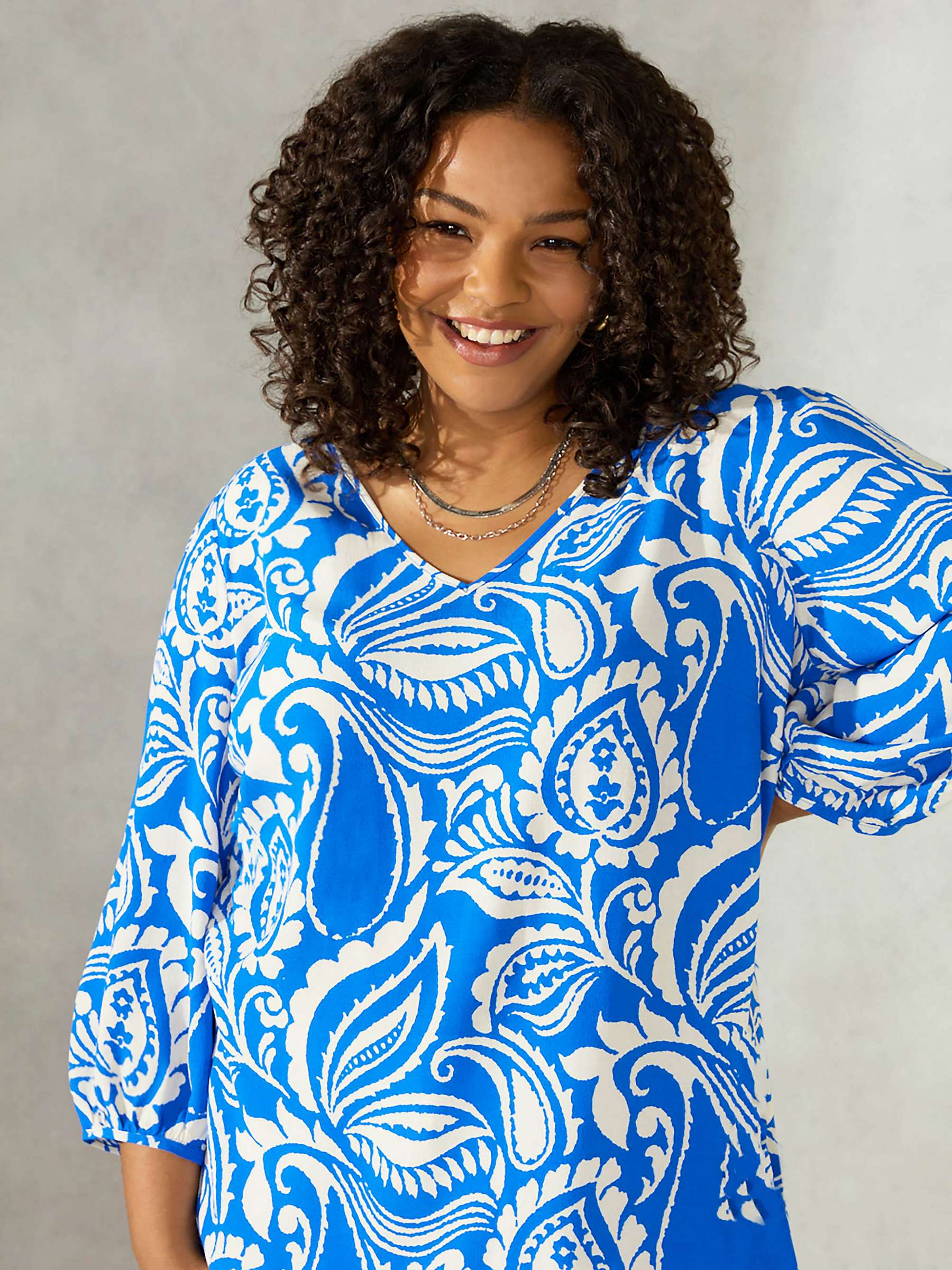 Buy Live Unlimited Curve Paisley Print Puff Sleeve Blouse, Blue Online at johnlewis.com