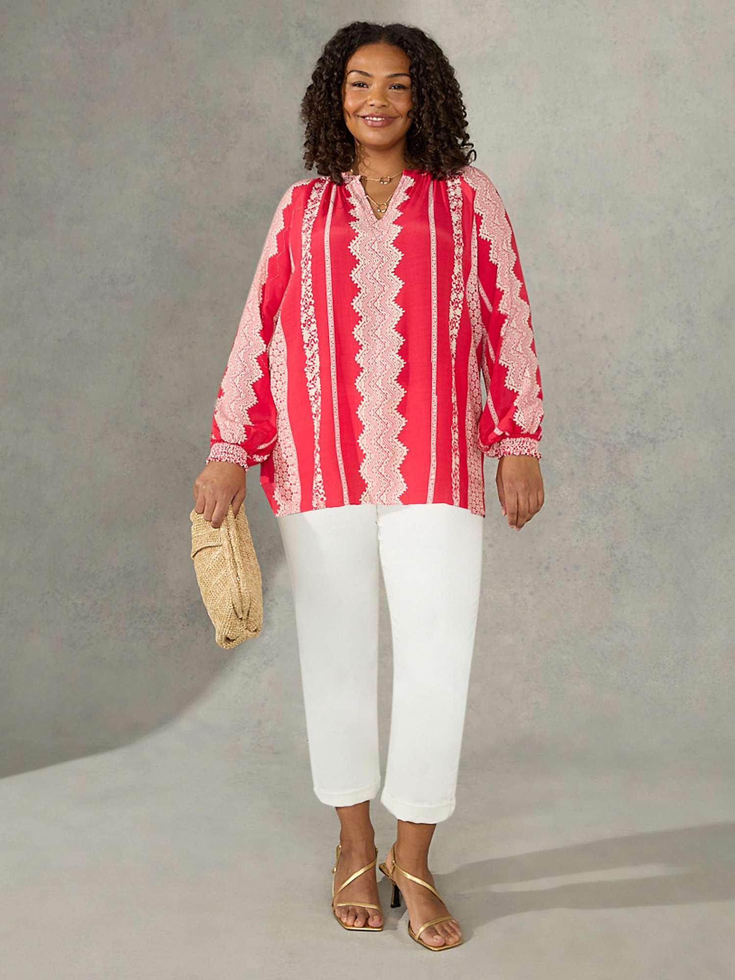 Buy Live Unlimited Curve Batik Stripe Placement Print Shirred Cuff Blouse, Red Online at johnlewis.com