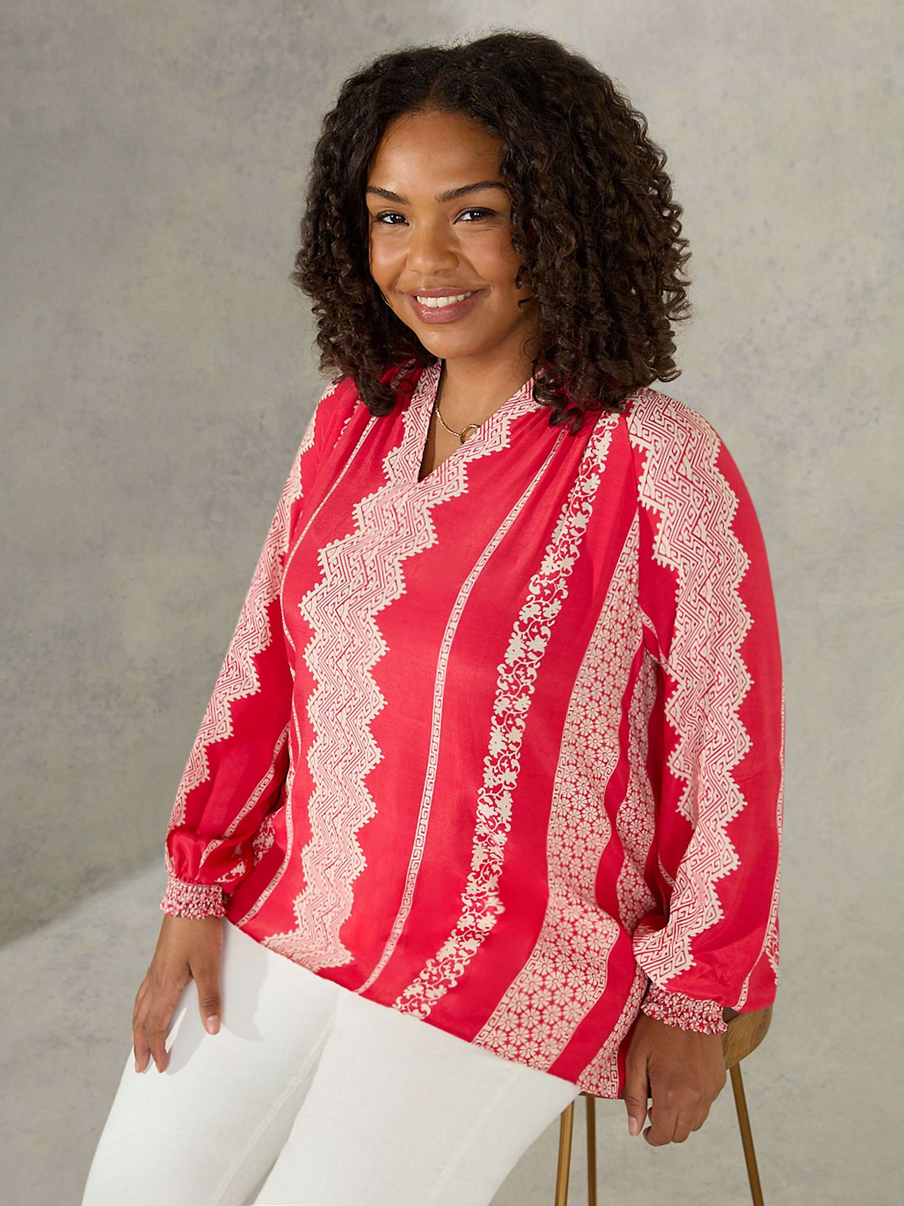 Buy Live Unlimited Curve Batik Stripe Placement Print Shirred Cuff Blouse, Red Online at johnlewis.com