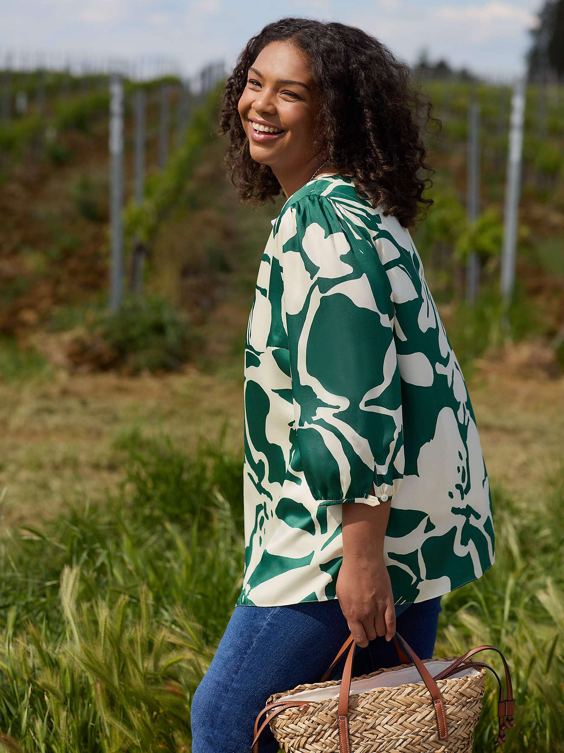 Buy Live Unlimited Curve Floral Print Puff Sleeve Blouse, Green Online at johnlewis.com