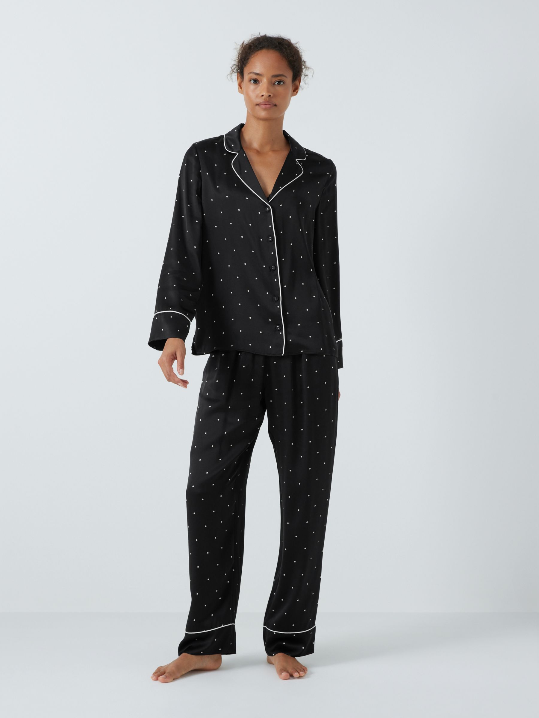 John Lewis Piped Silk Spot Print Pyjama Set, Black at John Lewis & Partners