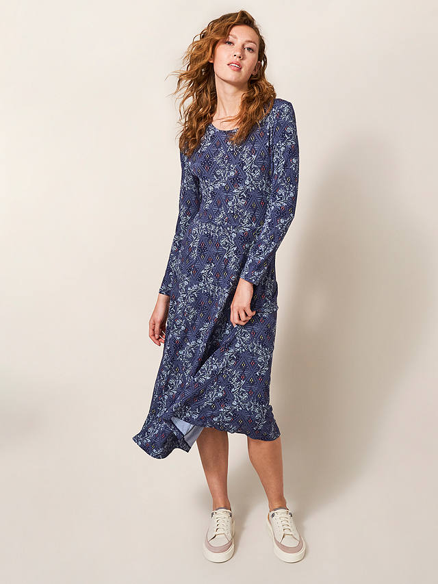 White Stuff Madeline Geometric and Leaf Print Midi Dress, Blue/Multi