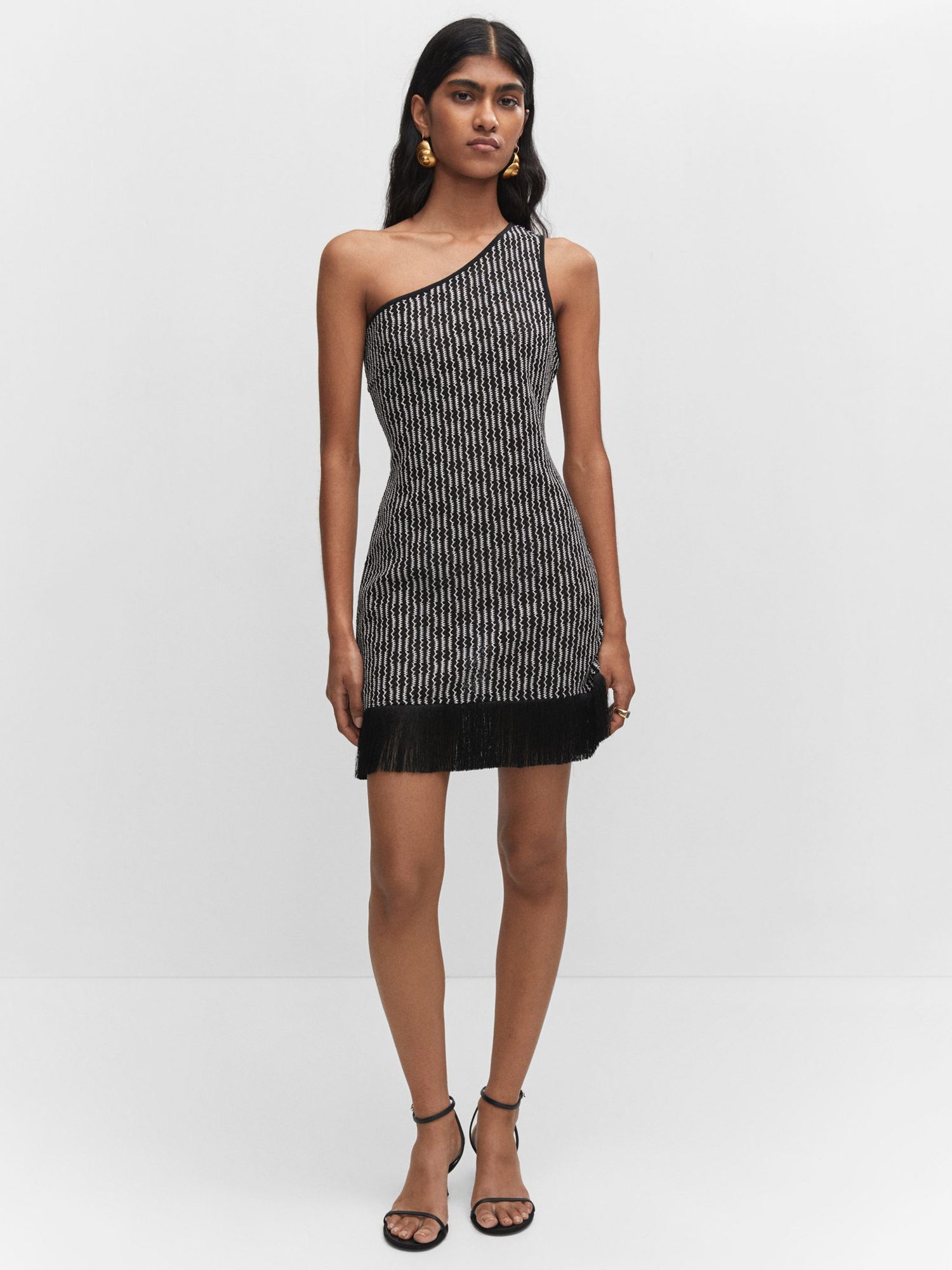 Mango Rusti Fringed Mini Dress, Black/White at John Lewis & Partners