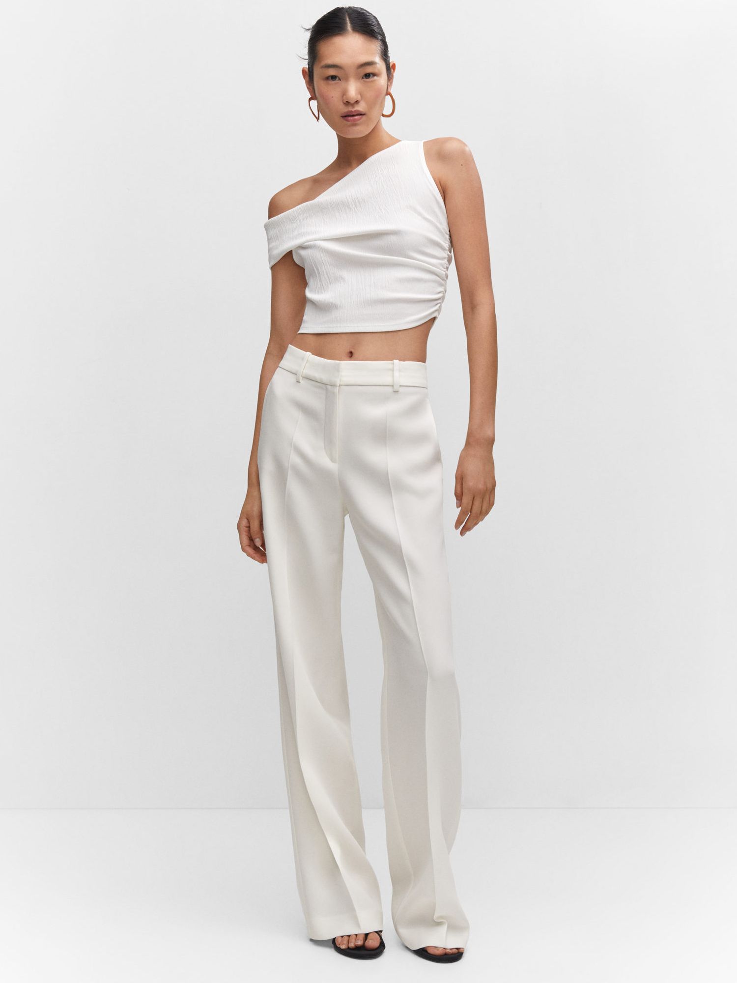 Mango Bob Crinkle One Shoulder Crop Top, White at John Lewis & Partners