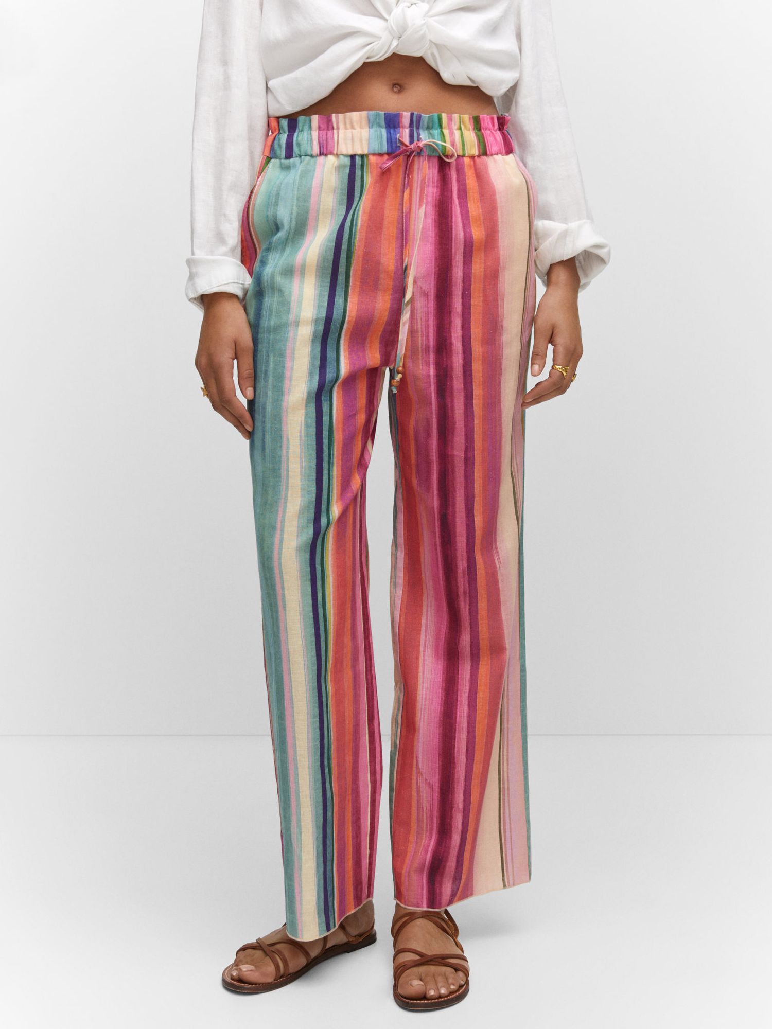 Mango Striped Linen Trousers, Pink/Multi, XS
