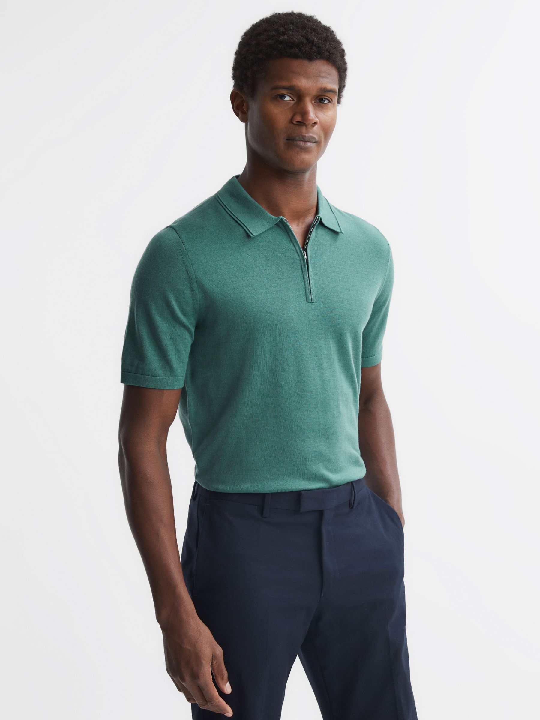 Reiss Maxwell Merino Zip Neck Polo Shirt, Pine Green at John Lewis ...