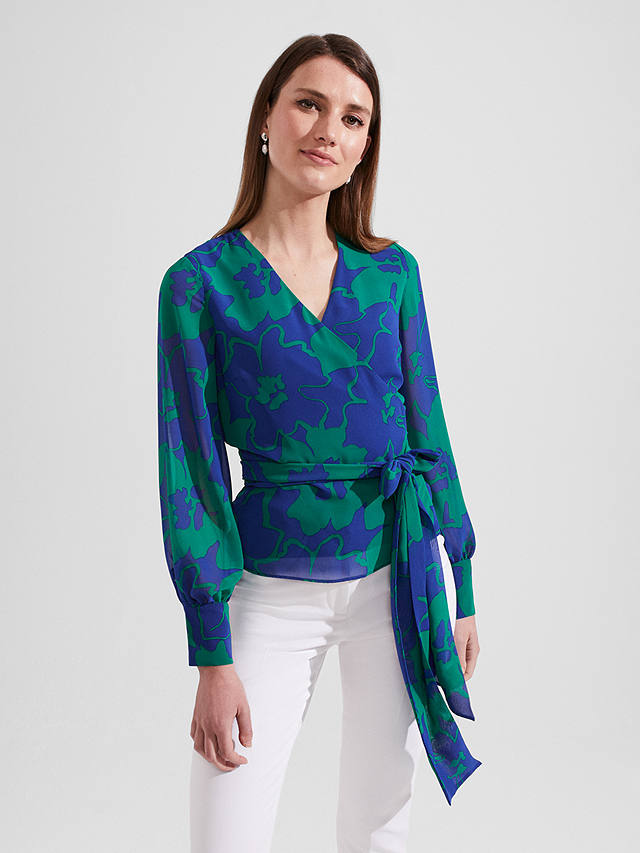 Hobbs Elizabeth Floral Wrap Blouse, Blue/Green