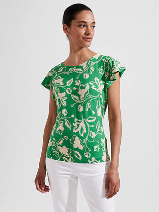 Hobbs Nessie Frill Sleeve Floral Top, Green/Multi