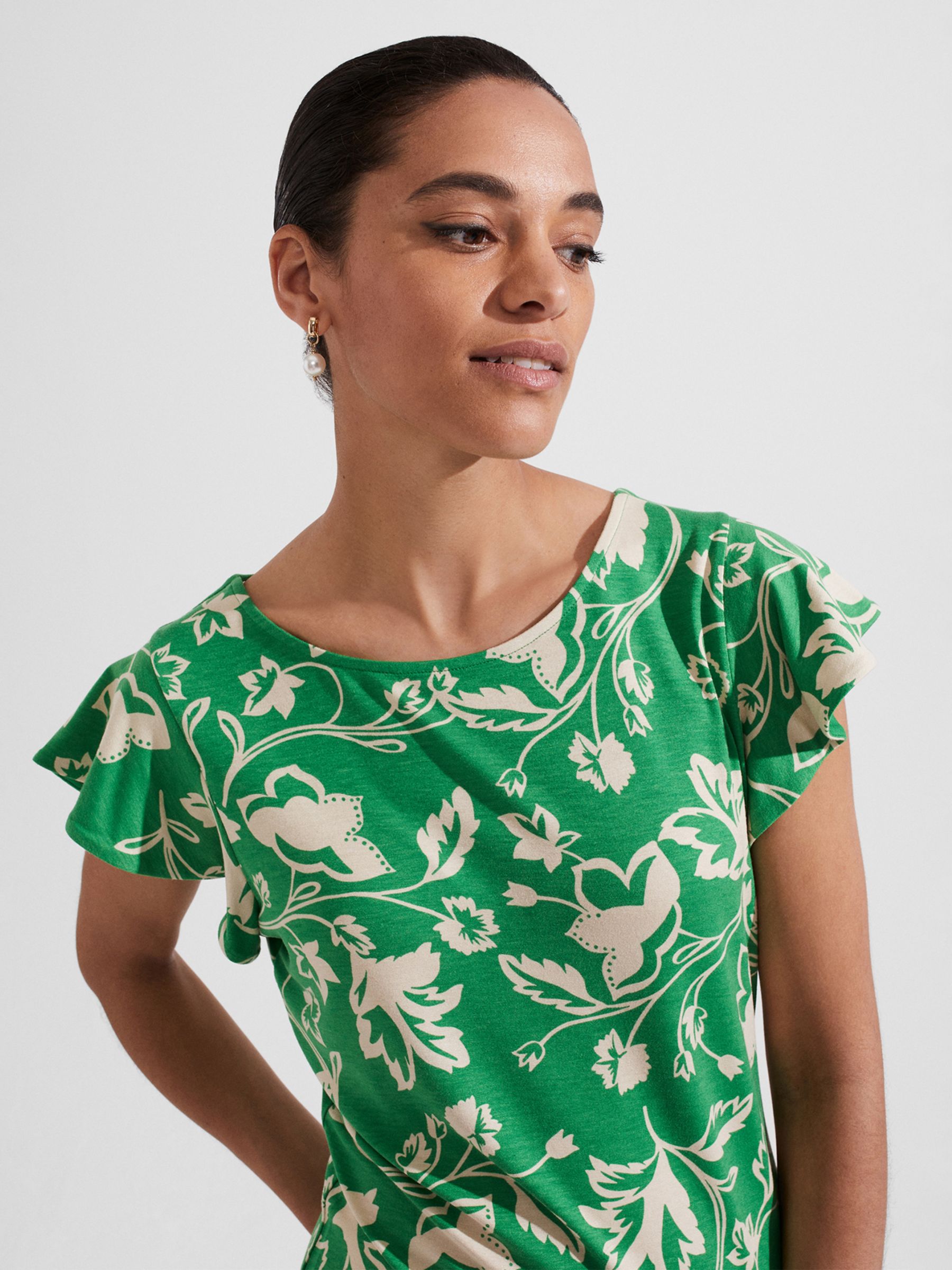 Hobbs Nessie Frill Sleeve Floral Top, Green/Multi at John Lewis & Partners