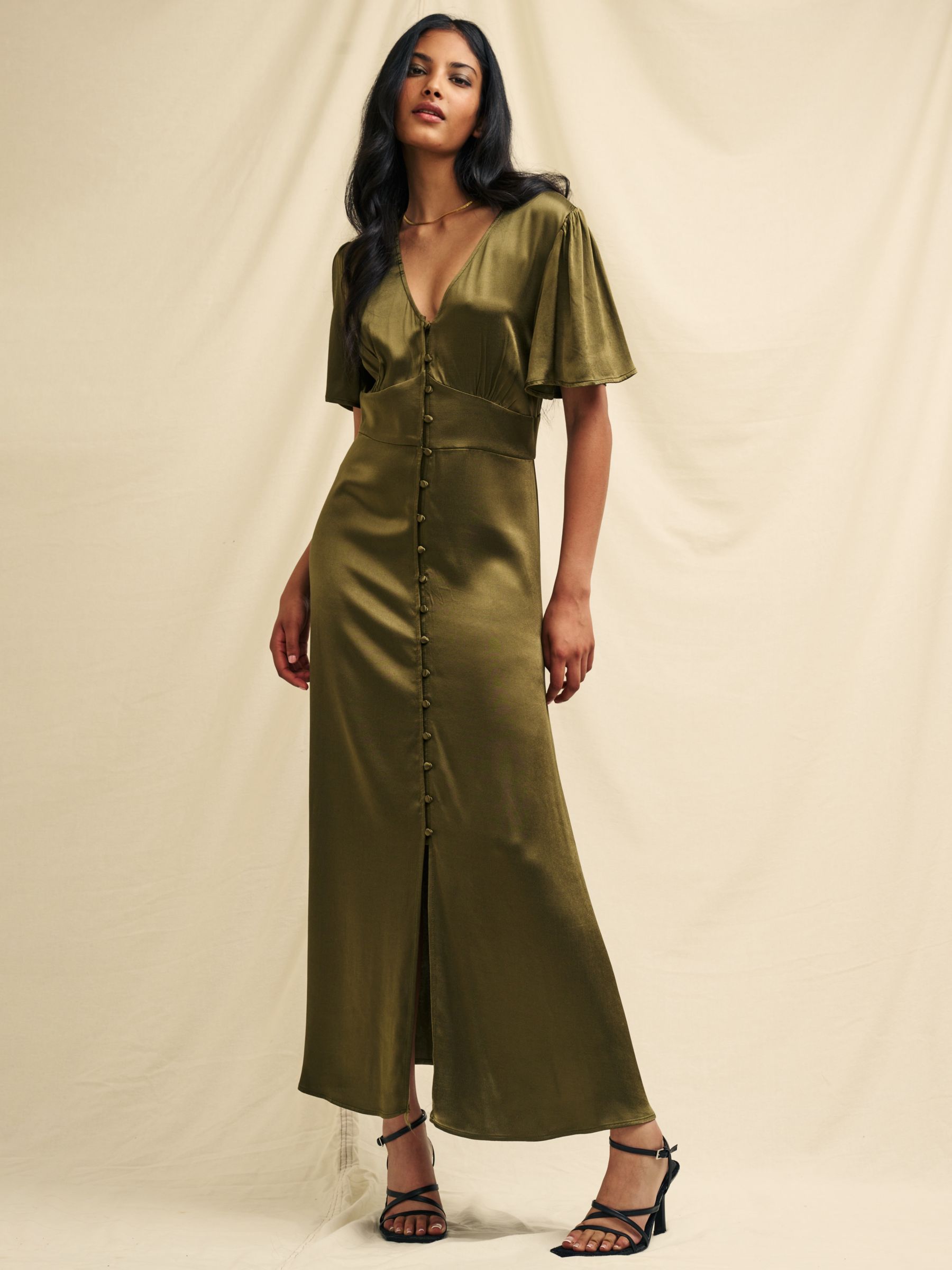 Nobody's Child Erin Satin Maxi Dress, Khaki at John Lewis & Partners