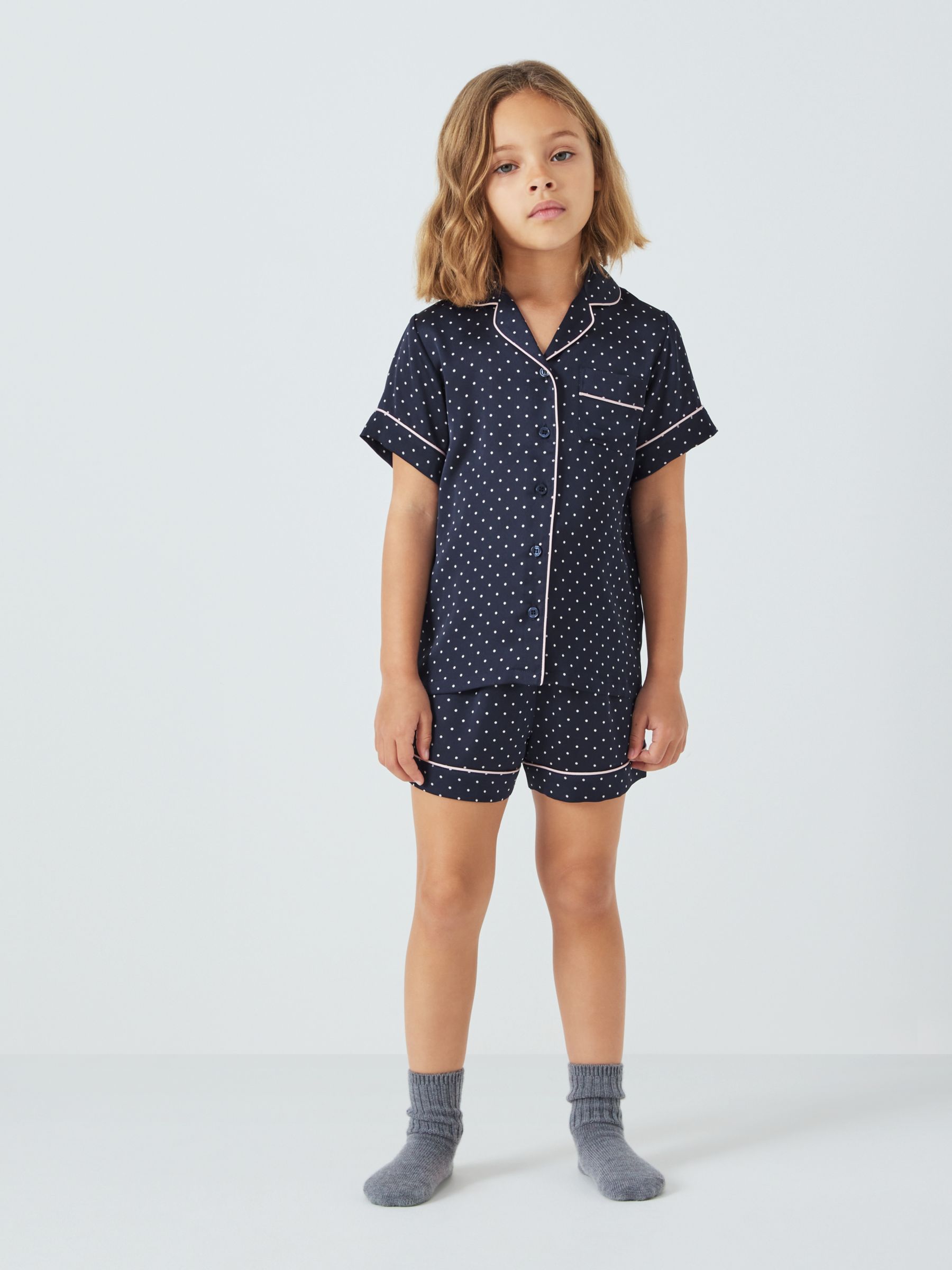 John Lewis Kids' Satin Spot Shortie Pyjamas, Navy, 5 years