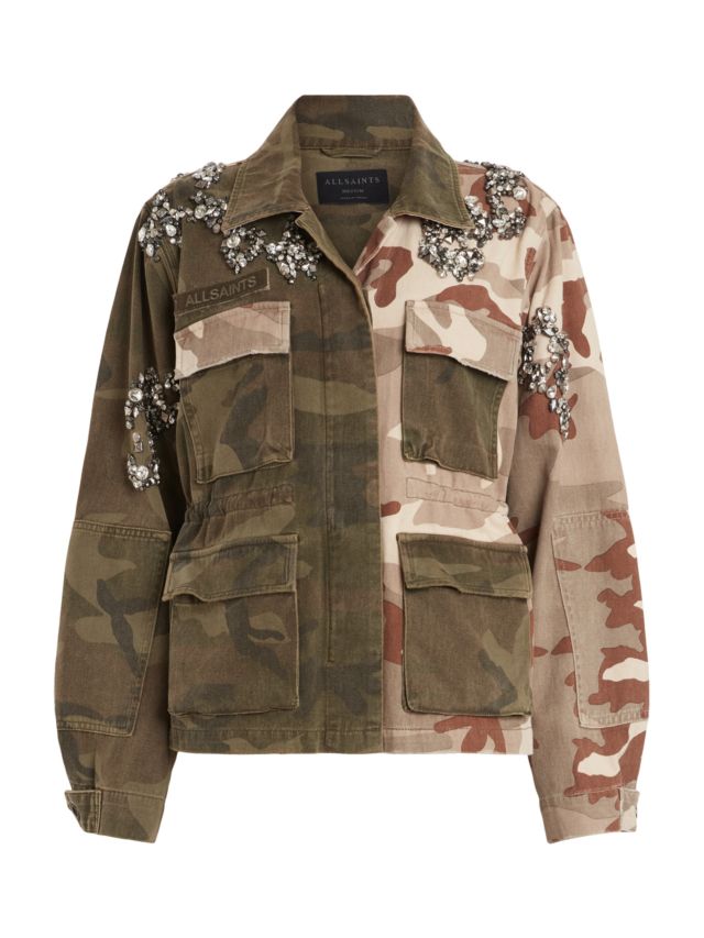 AllSaints Finch Embellished Denim Jacket, Camo/Multi, 6
