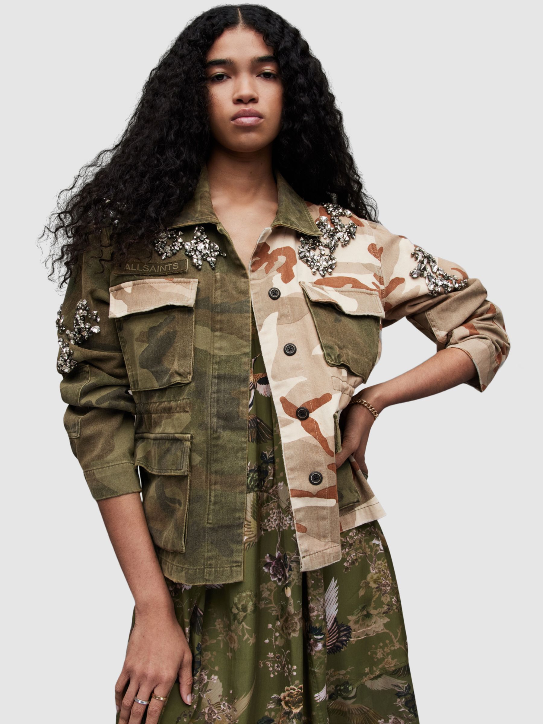 AllSaints Finch Embellished Denim Jacket, Camo/Multi