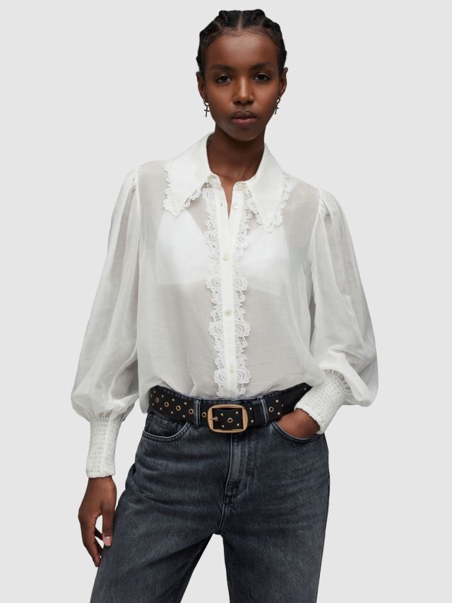AllSaints Celia Silk Blend Lace Trim Shirt, White, 6
