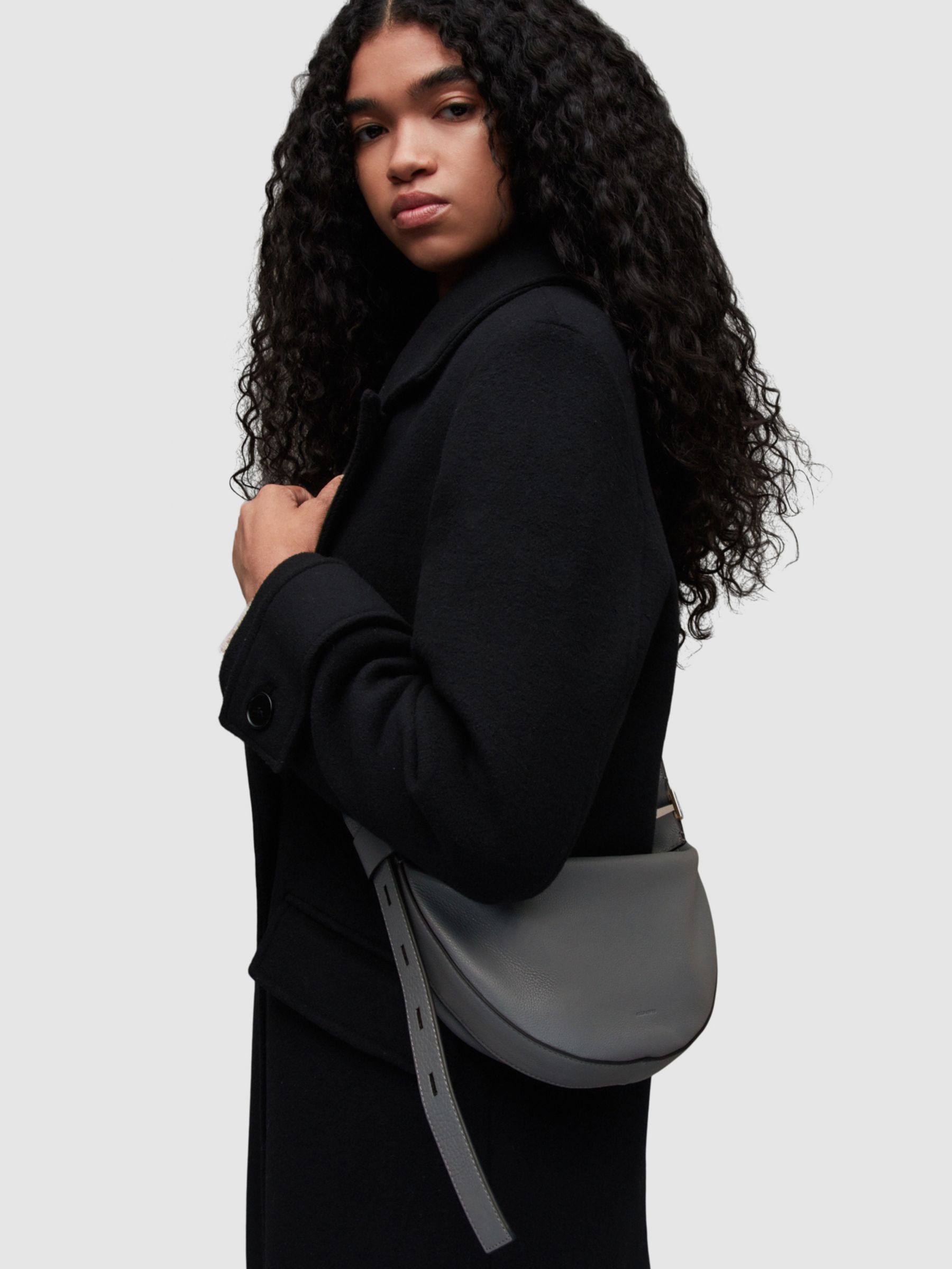 AllSaints Half Moon Leather Cross Body Bag, Slate Grey at John Lewis ...