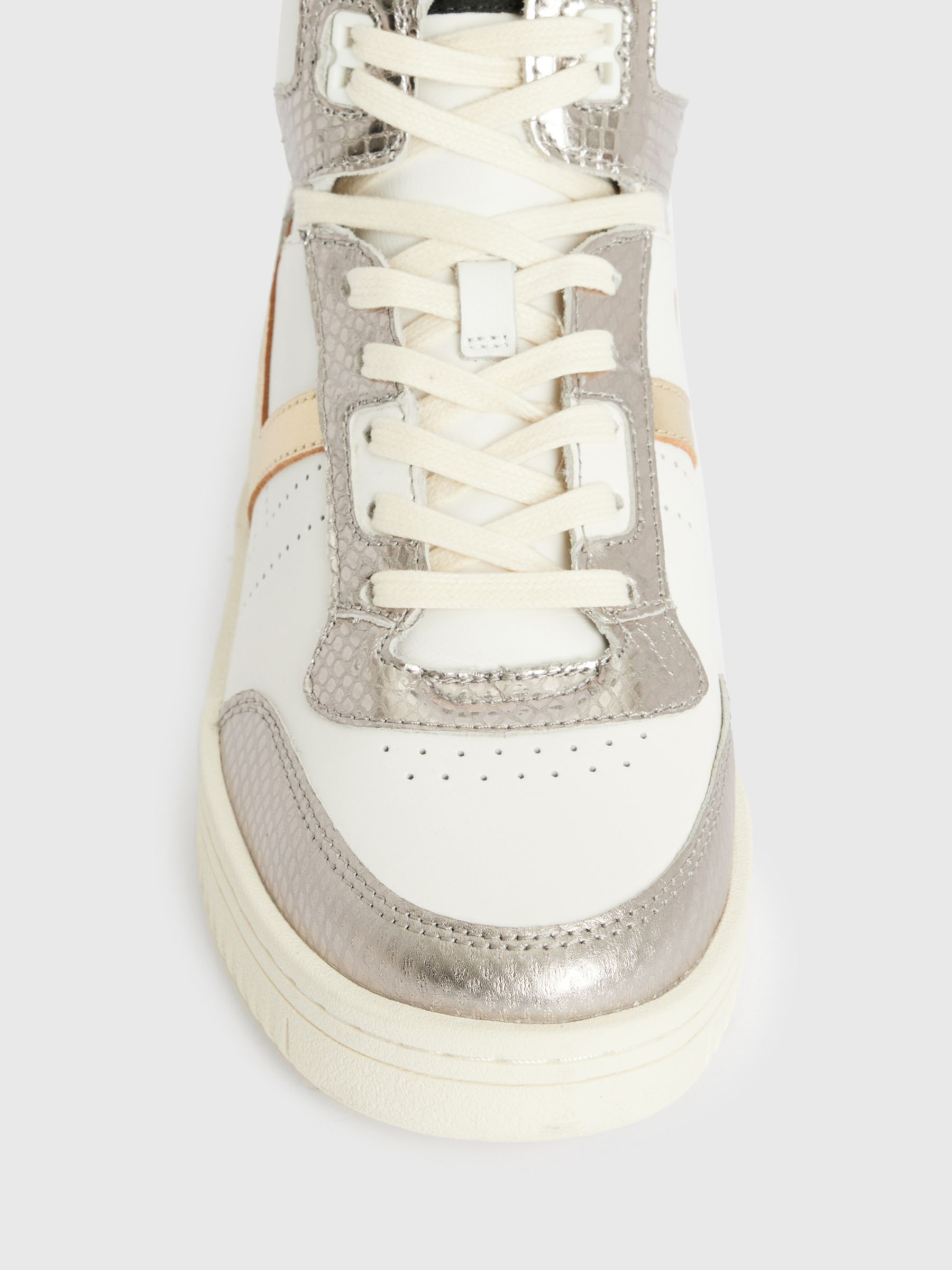 AllSaints Pro Metallic High Top Leather Trainers, White/Gunmetal at ...