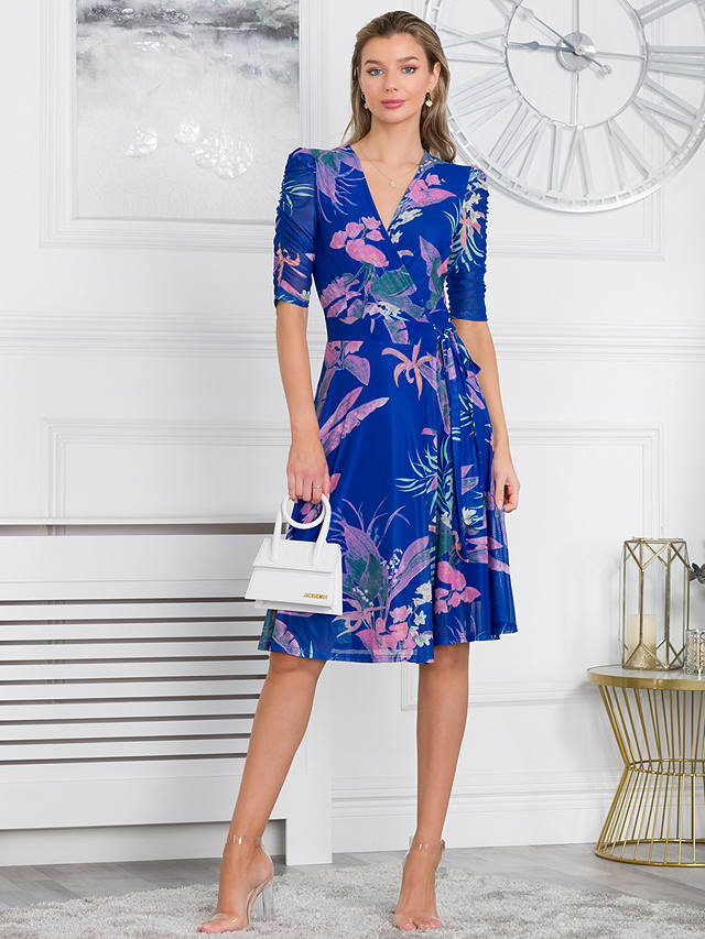Jolie Moi Elodea Mesh Ruched Sleeve Wrap Dress, Royal Multi