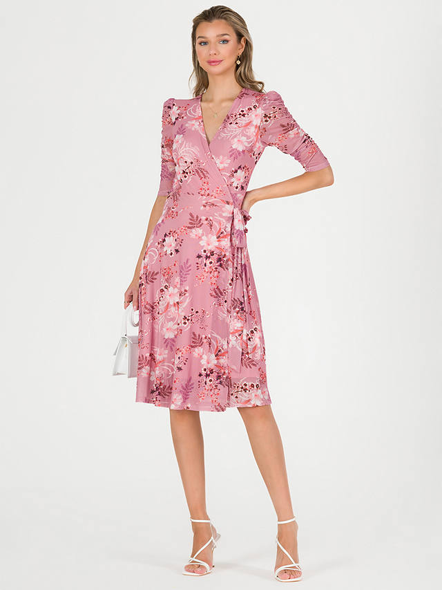 Jolie Moi Elodea Mesh Ruched Sleeve Wrap Dress, Pink Floral