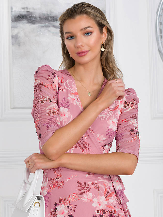Jolie Moi Elodea Mesh Ruched Sleeve Wrap Dress, Pink Floral