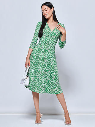 Jolie Moi Willa Geometric Print Jersey Dress, Green Geo
