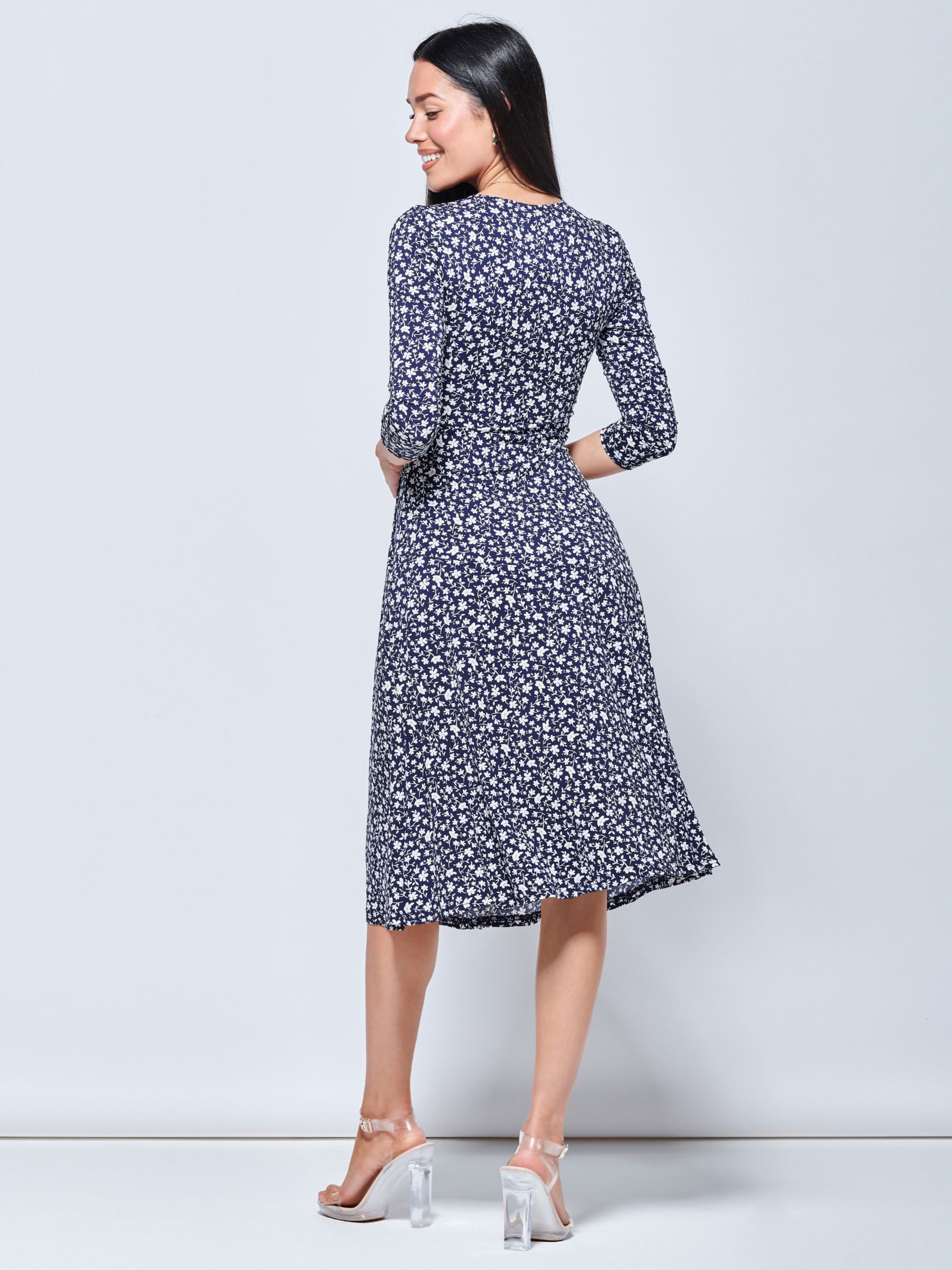Jolie Moi Gretta Floral Print Jersey Fit and Flare Dress, Navy, 14