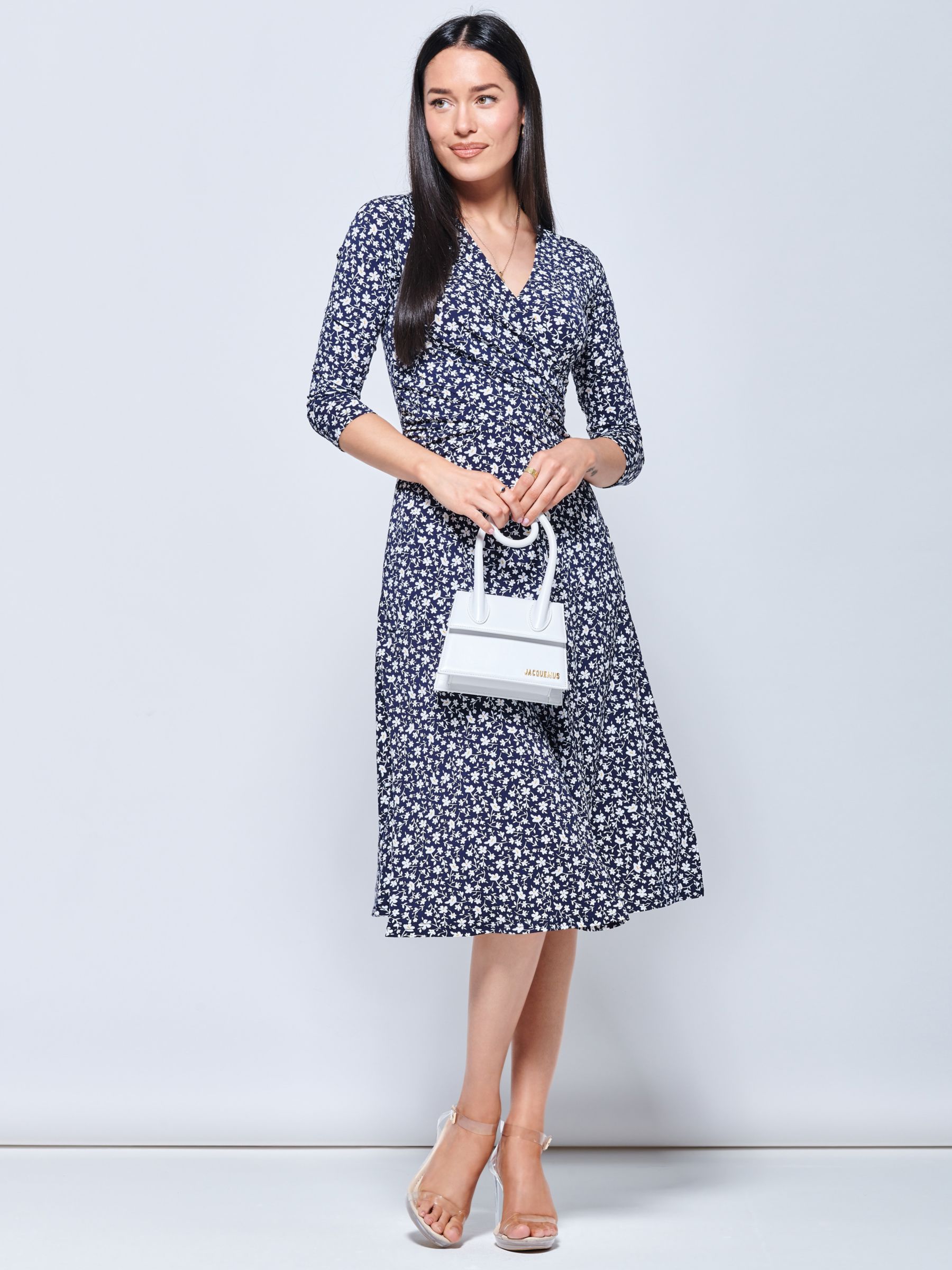 Jolie Moi Gretta Floral Print Jersey Fit and Flare Dress, Navy, 16