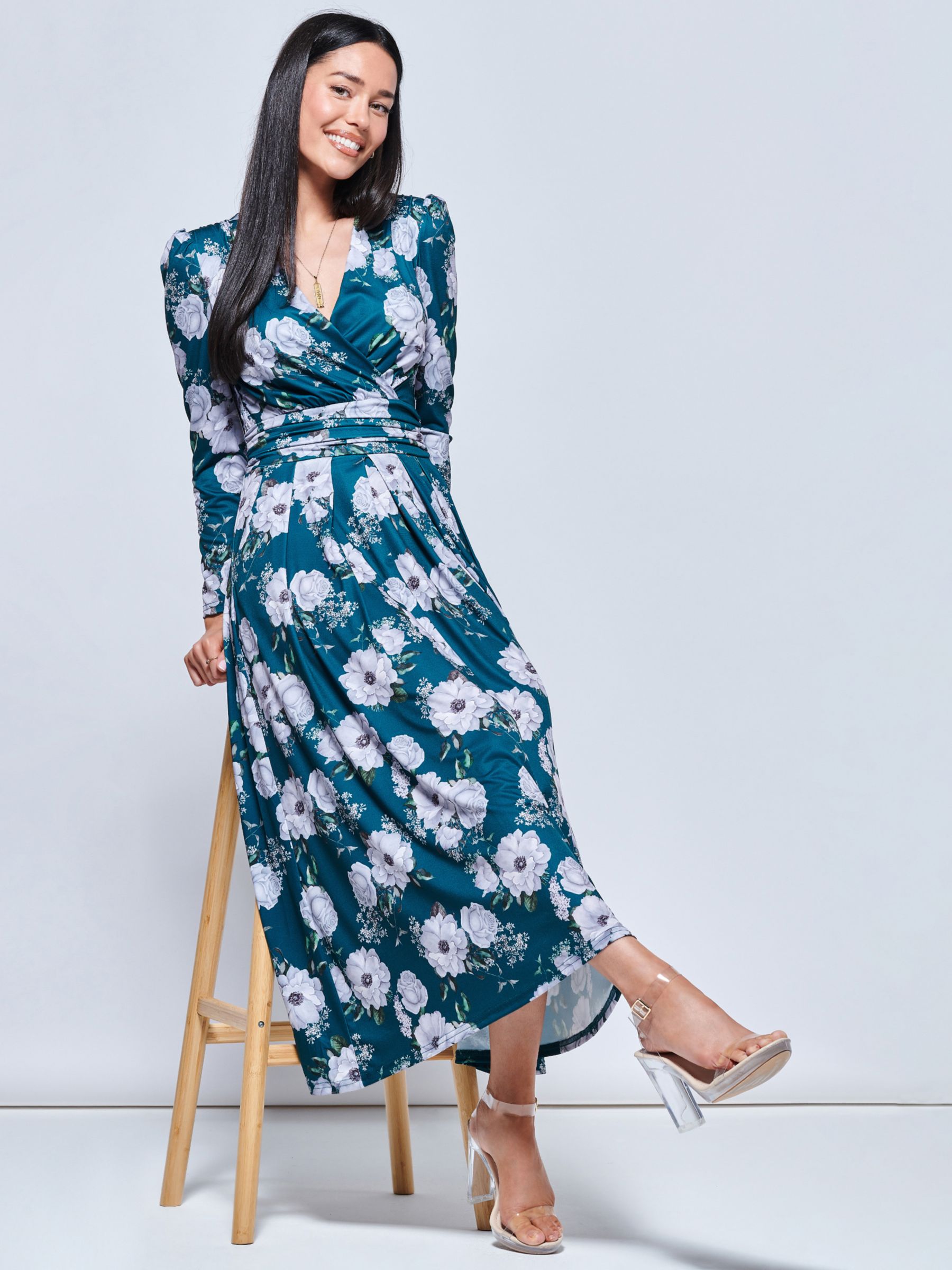 Jolie Moi Devorah Floral Print Jersey Maxi Dress, Green/Multi, 10