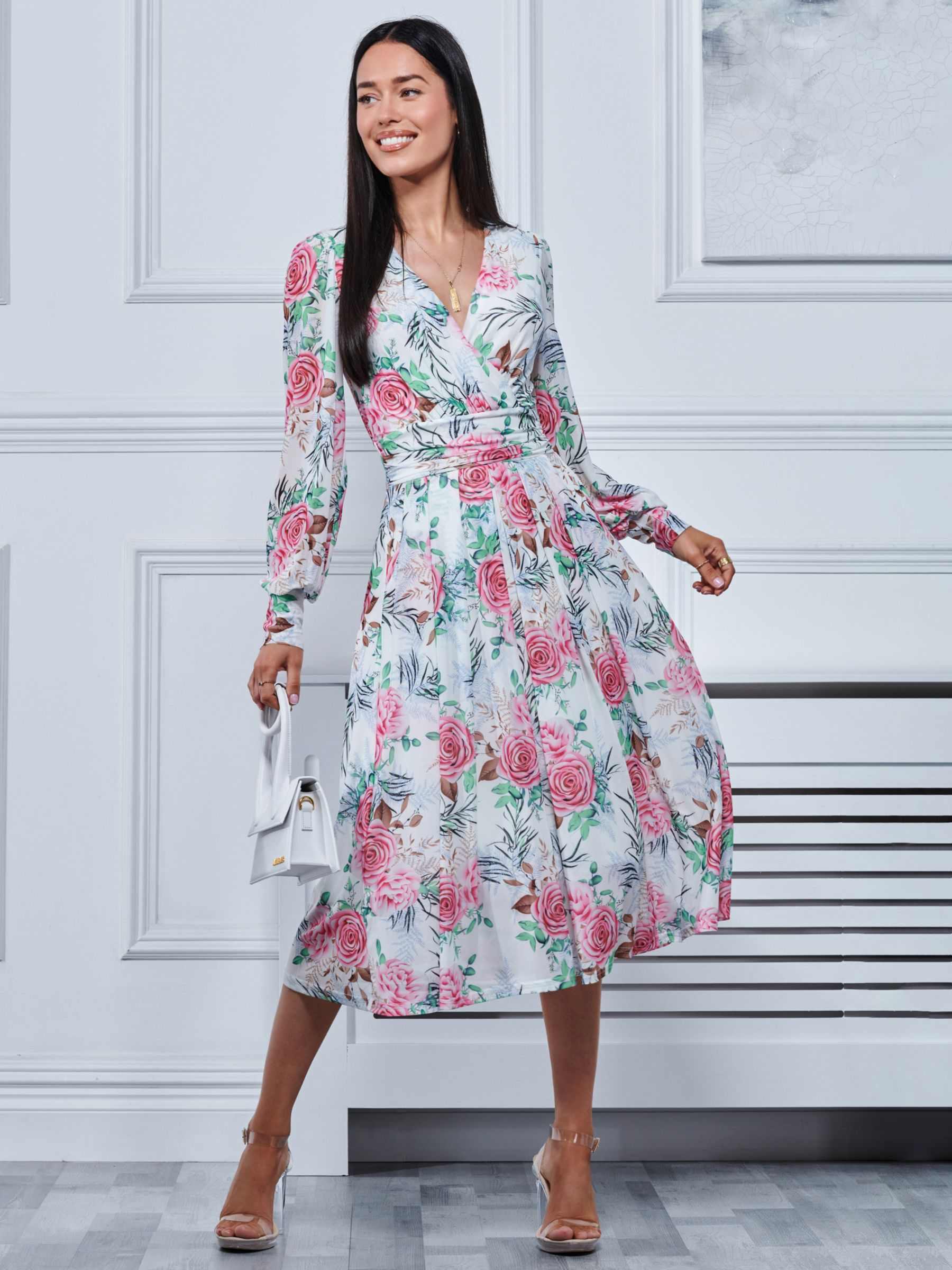 Buy Jolie Moi Floral Print Long Sleeve Mesh Midi Dress, White/Multi Online at johnlewis.com