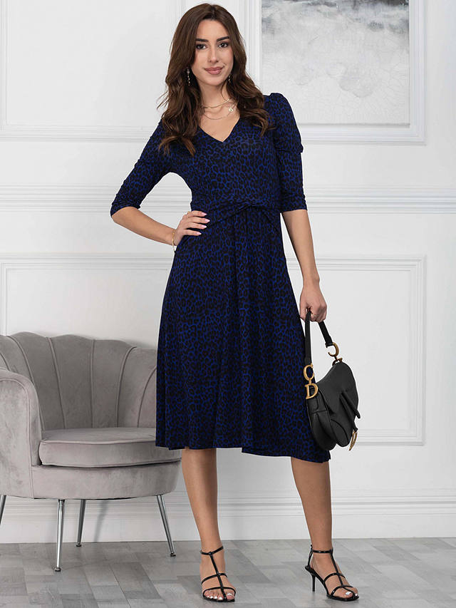 Jolie Moi Glynice V-Neck Fit and Flare Dress, Blue Leopard