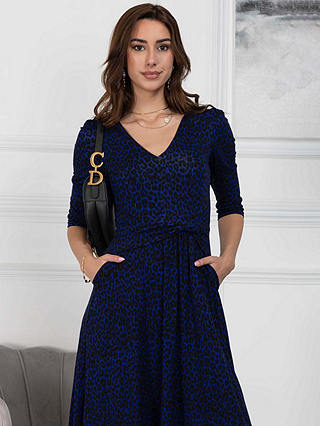 Jolie Moi Glynice V-Neck Fit and Flare Dress, Blue Leopard