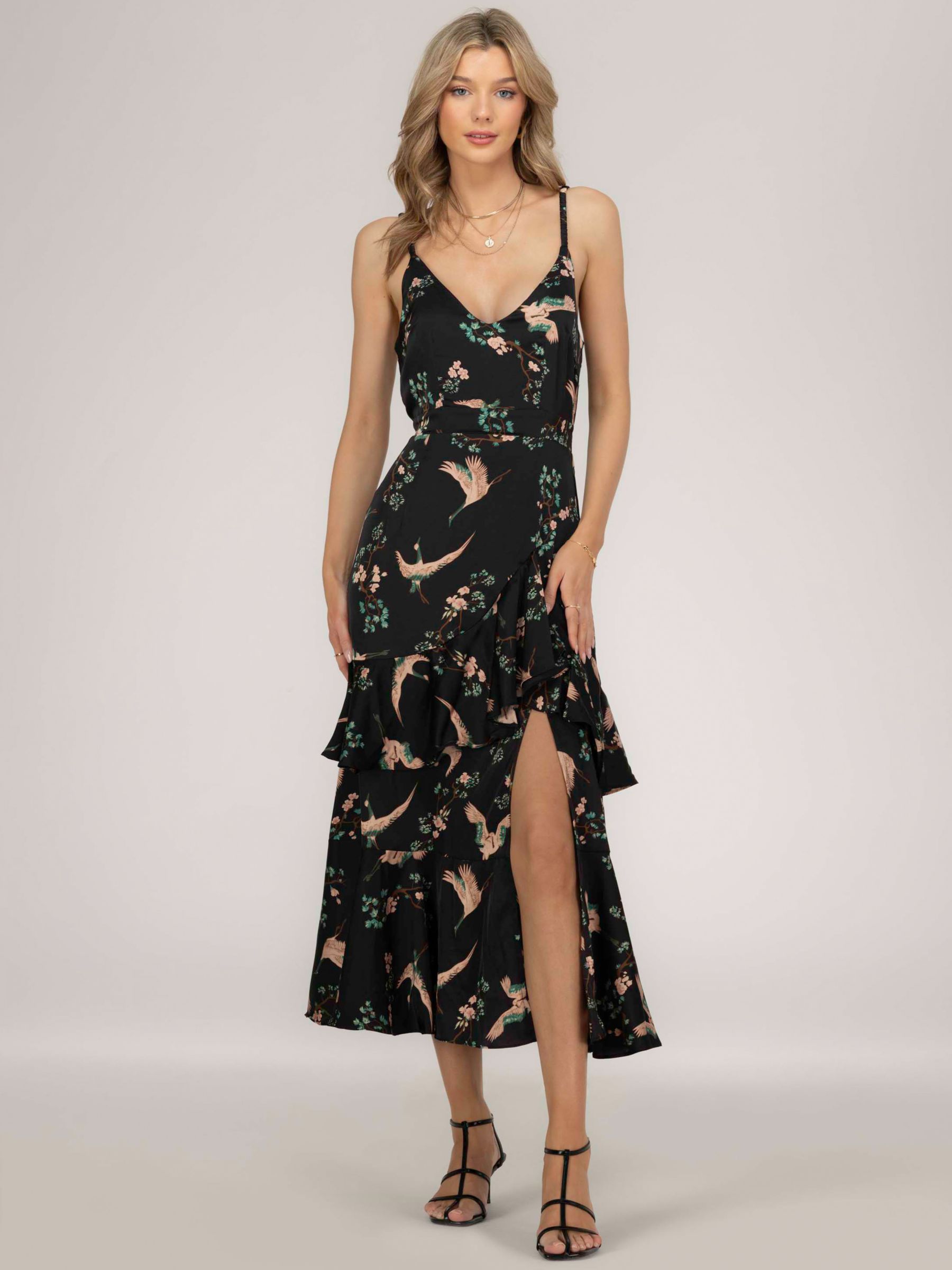 Jolie Moi Retro Bird Print Satin Maxi Dress, Black Bird at John Lewis ...