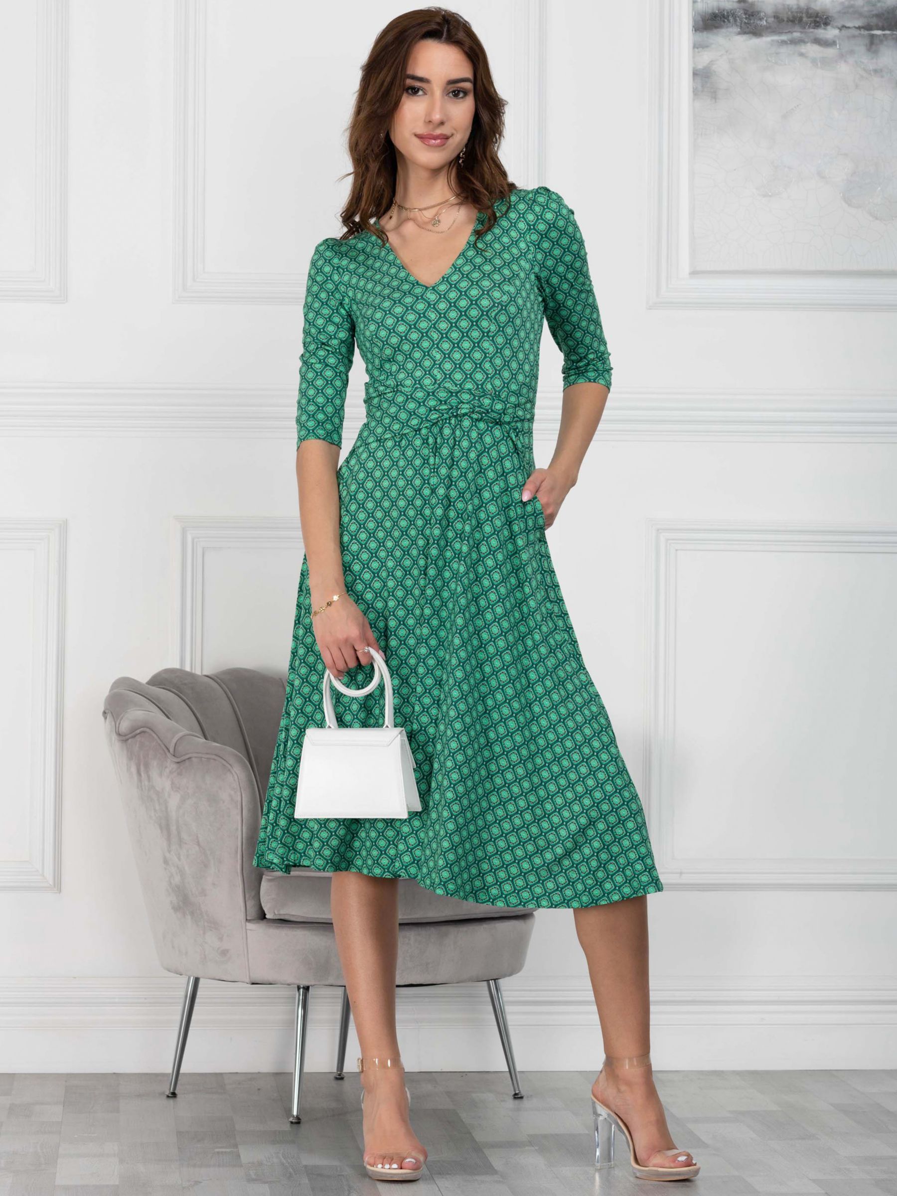 Jolie Moi Glynice V-Neck Fit and Flare Dress, Green Geometric at John Lewis  & Partners