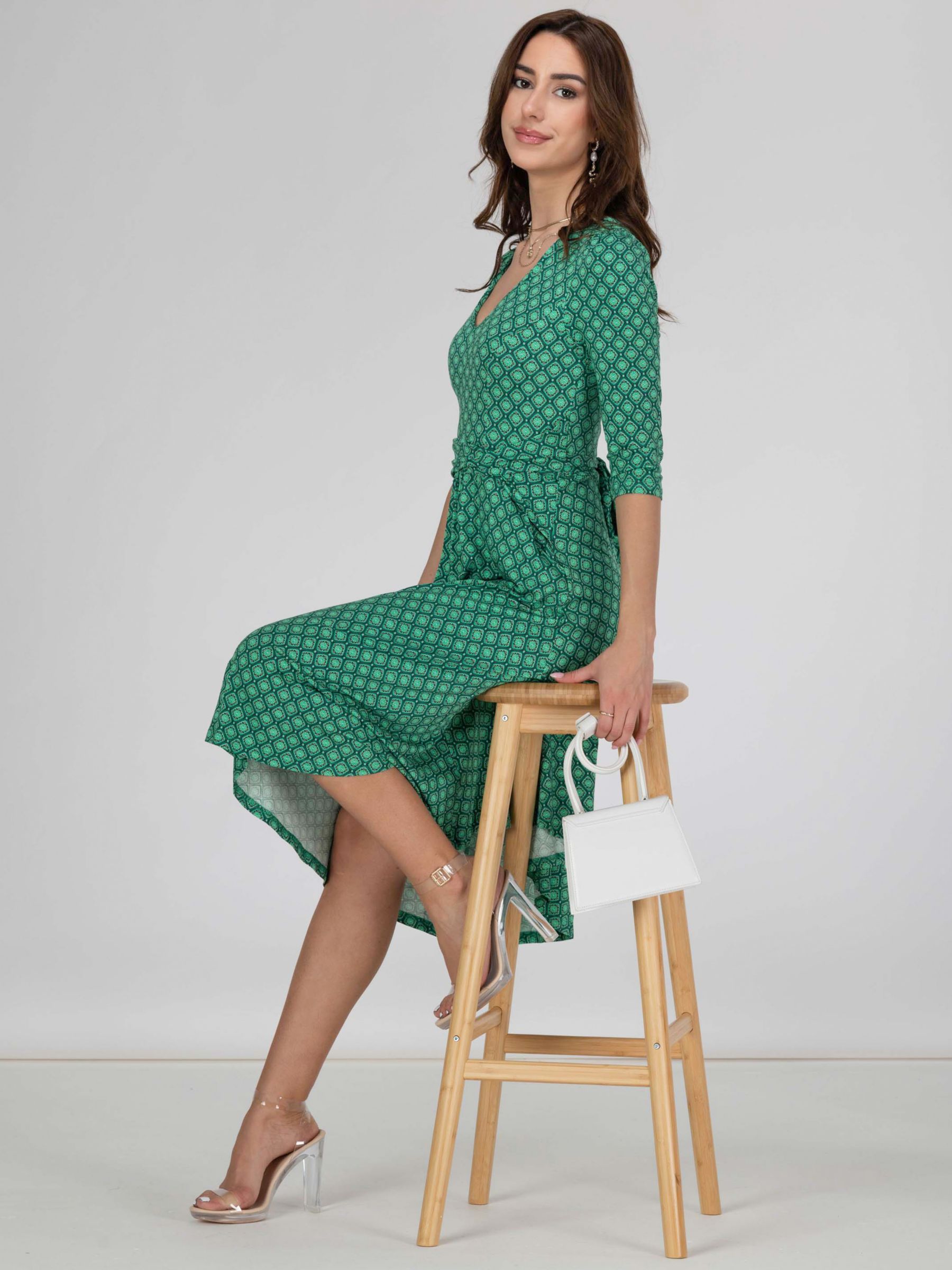 Jolie Moi Glynice V-Neck Fit and Flare Dress, Green Geometric at John ...