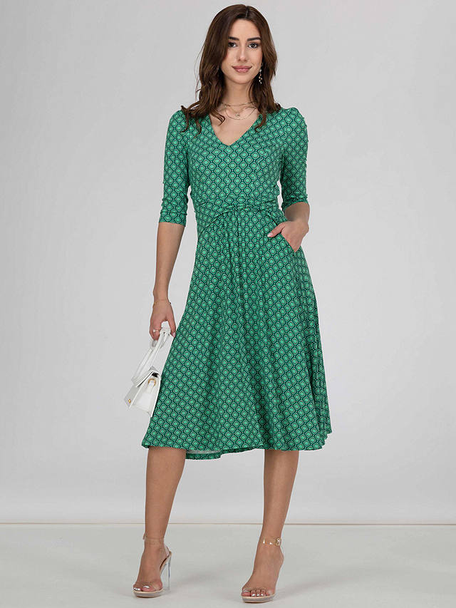 Jolie Moi Glynice V-Neck Fit and Flare Dress, Green Geometric