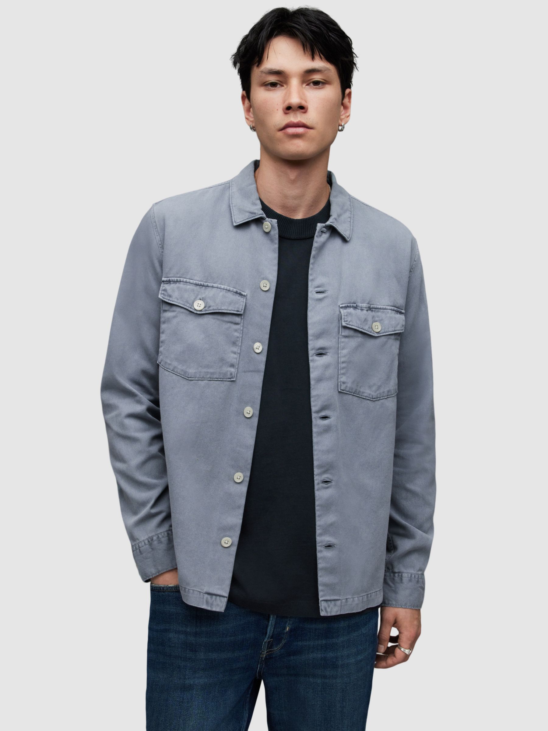 AllSaints Spotter Long Sleeve Shirt, Aluminium Grey at John Lewis ...