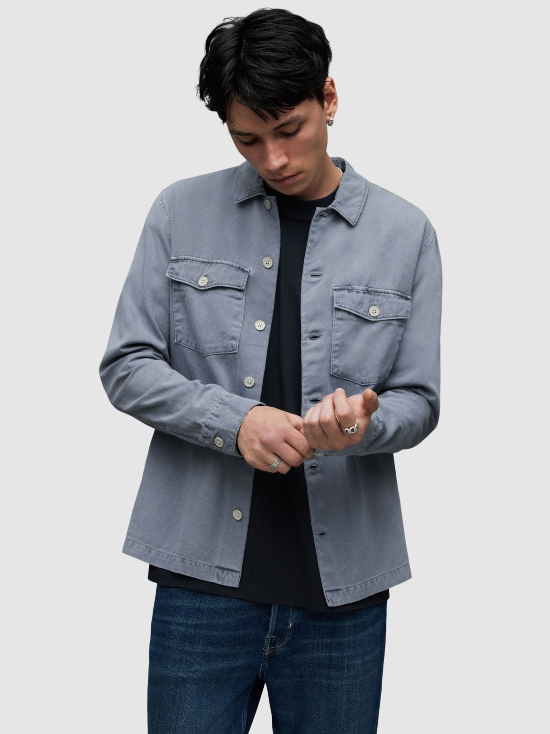 AllSaints Spotter Long Sleeve Shirt, Aluminium Grey at John Lewis ...