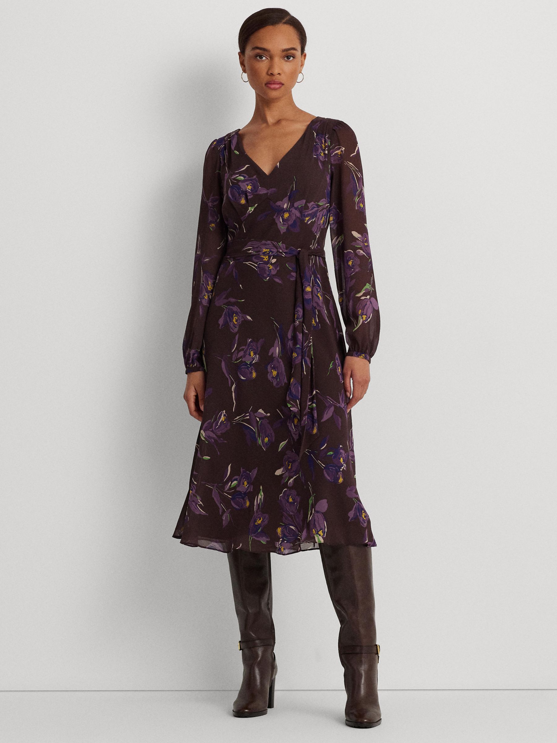 Lauren Ralph Lauren Tamerlait Floral Print Dress, Brown/Purple at John ...