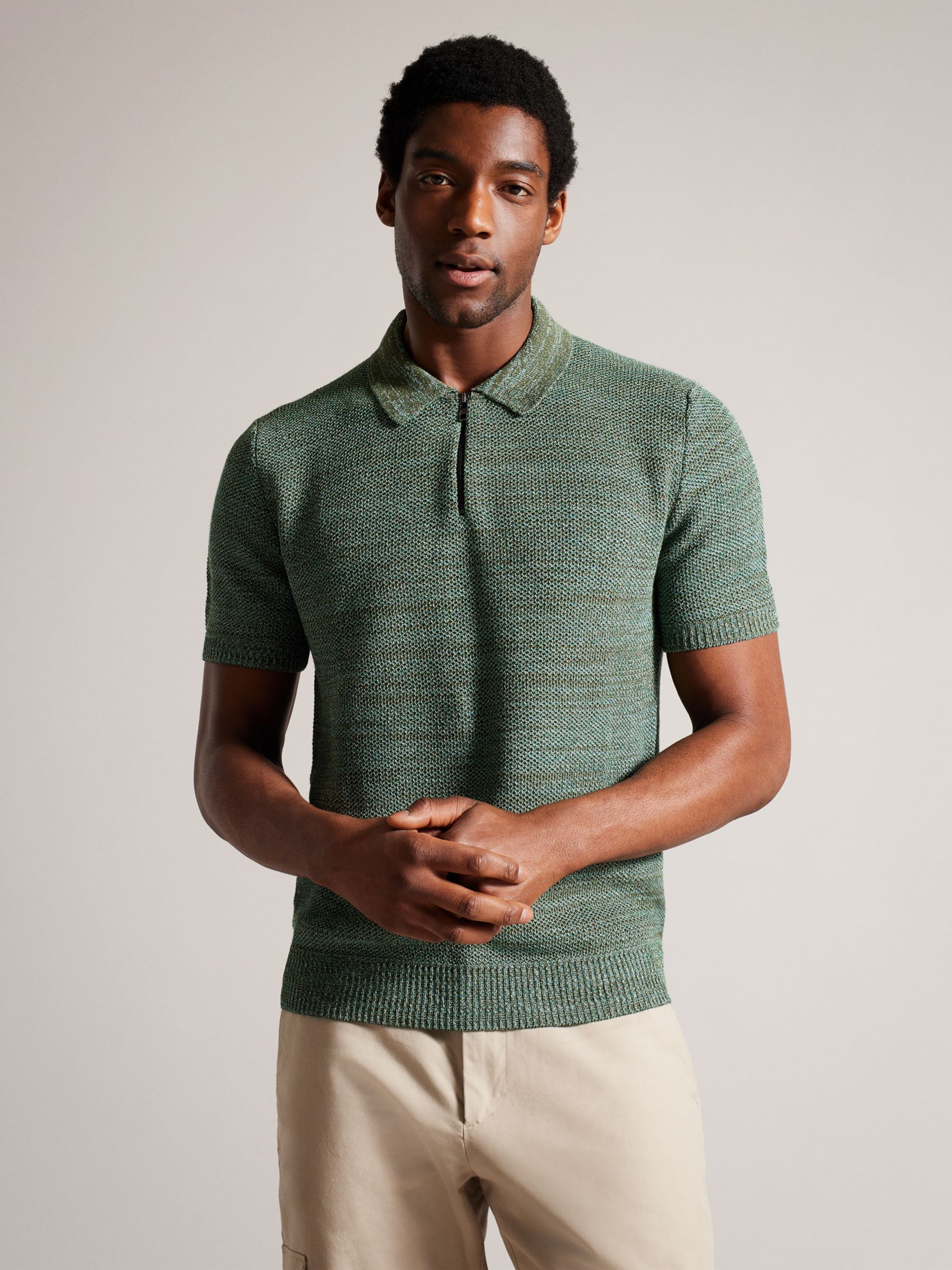 Ted Baker Blossam Textured Zip Polo Shirt, Green Olive, XS