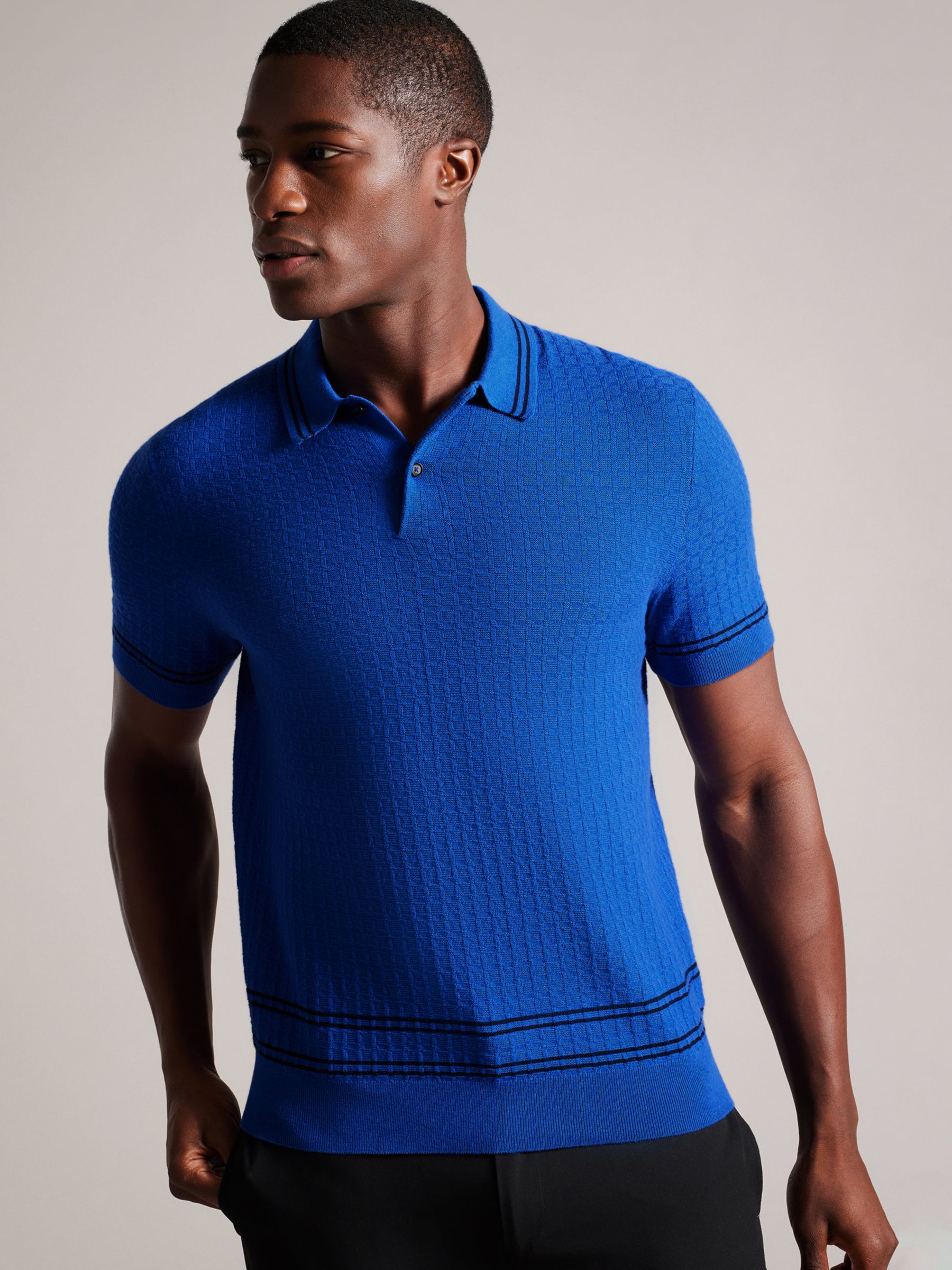 Ted Baker Maytain Textured Knit Polo, Blue Mid at John Lewis & Partners