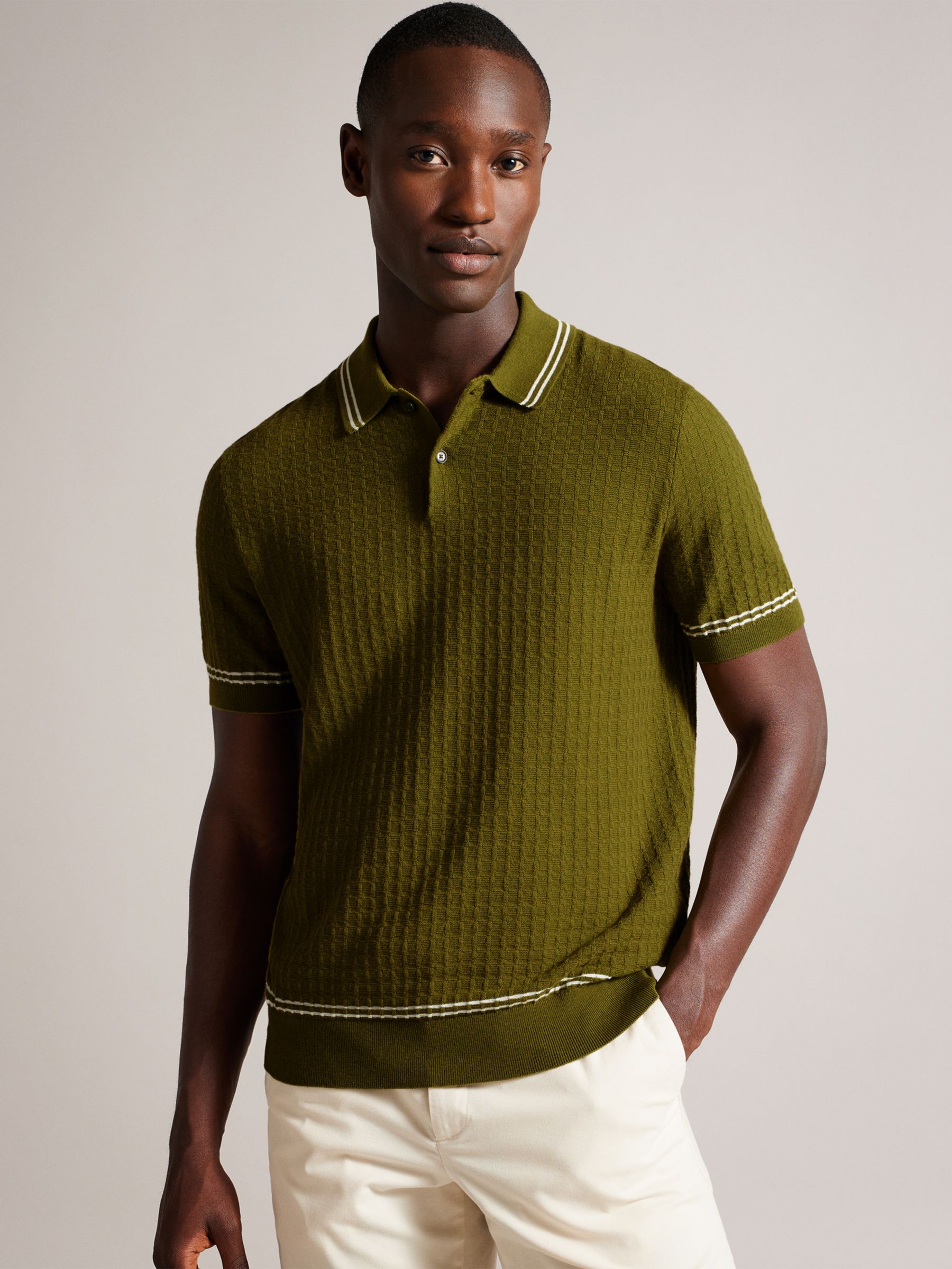 Ted Baker Maytain Textured Knit Polo, Green Olive at John Lewis & Partners