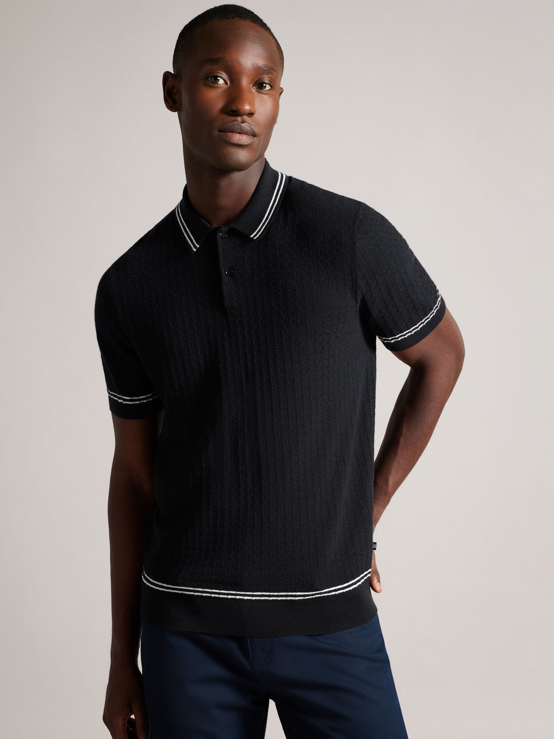 Ted Baker Maytain Textured Knit Polo, Black at John Lewis & Partners